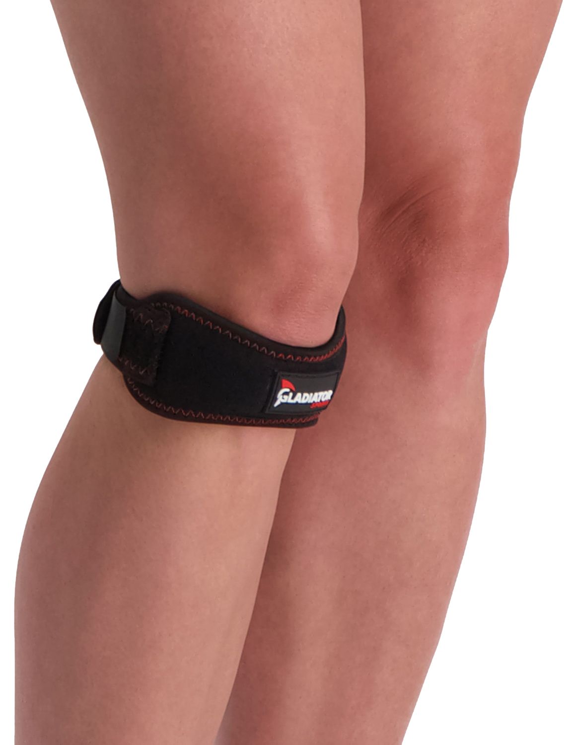 Front view of model wearing the Gladiator Sports Knee Strap around the right patella