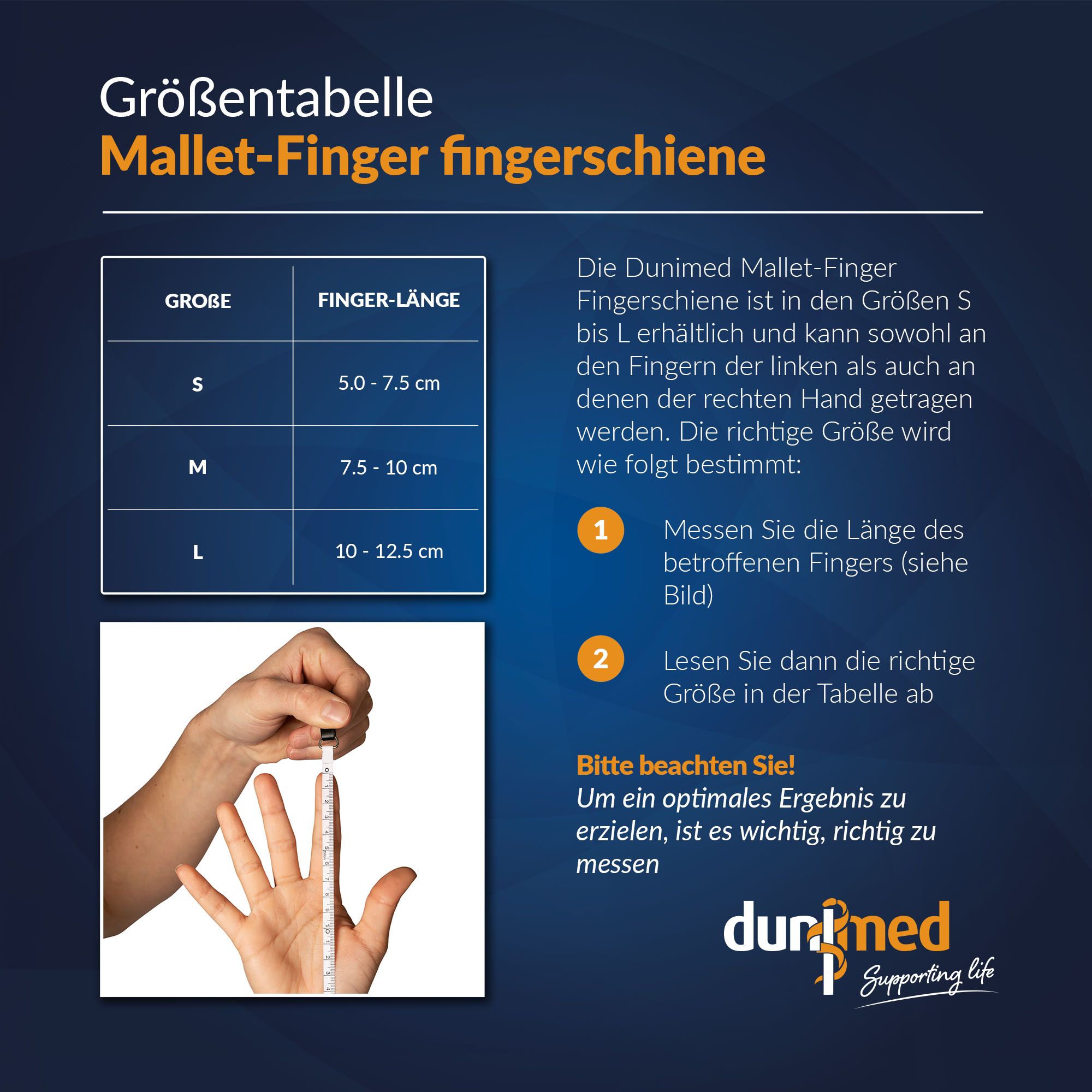 Dunimed Mallet-Finger Fingerschiene Größentabelle