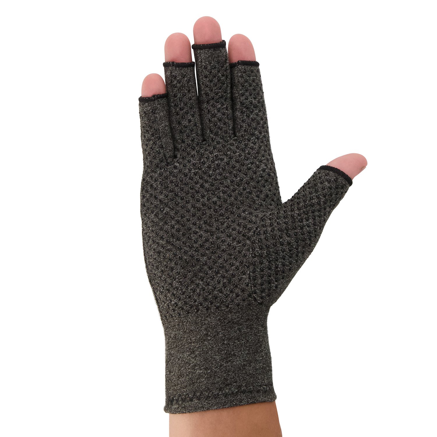 Top view of model wearing the Raynaud's Disease Gloves with Anti-Slip Layer in Grey