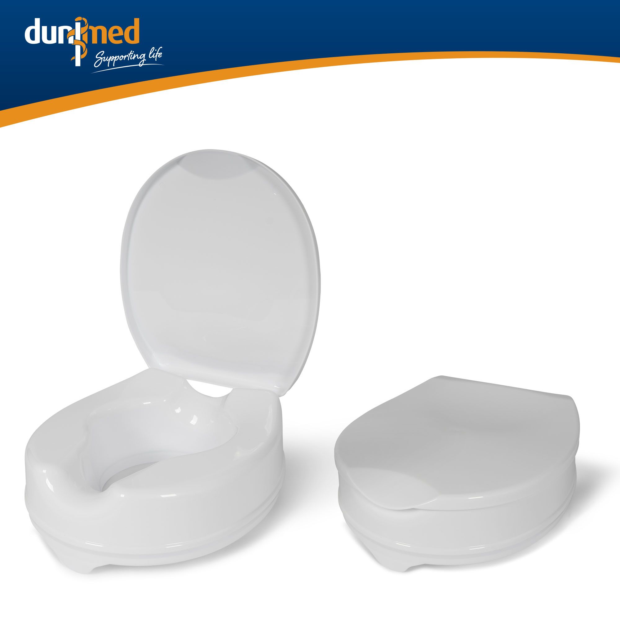 Dunimed Raised Toilet Seat with the lid open and the lid closed