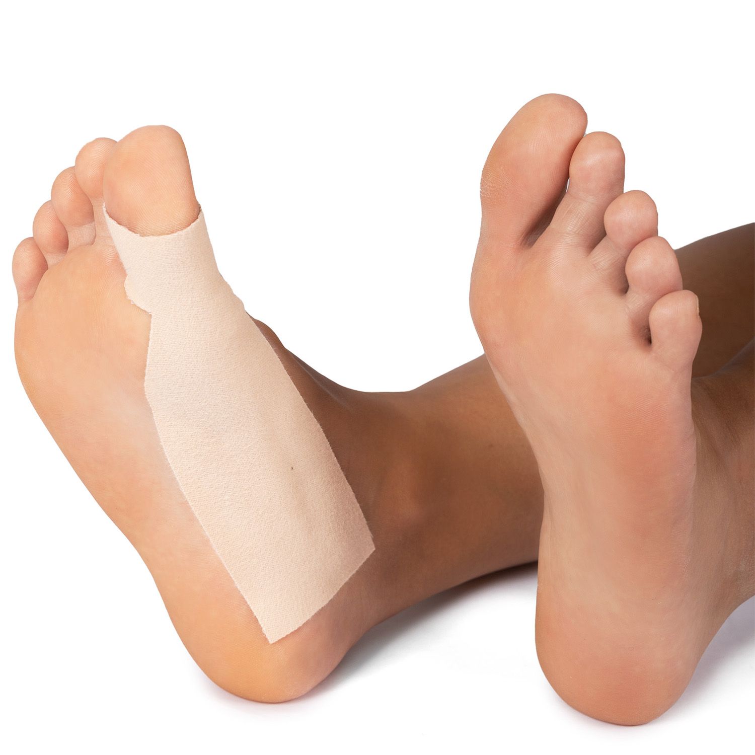 both feet of the model showing right foot has the tape around the toe solelution hallux valgus t shape tape