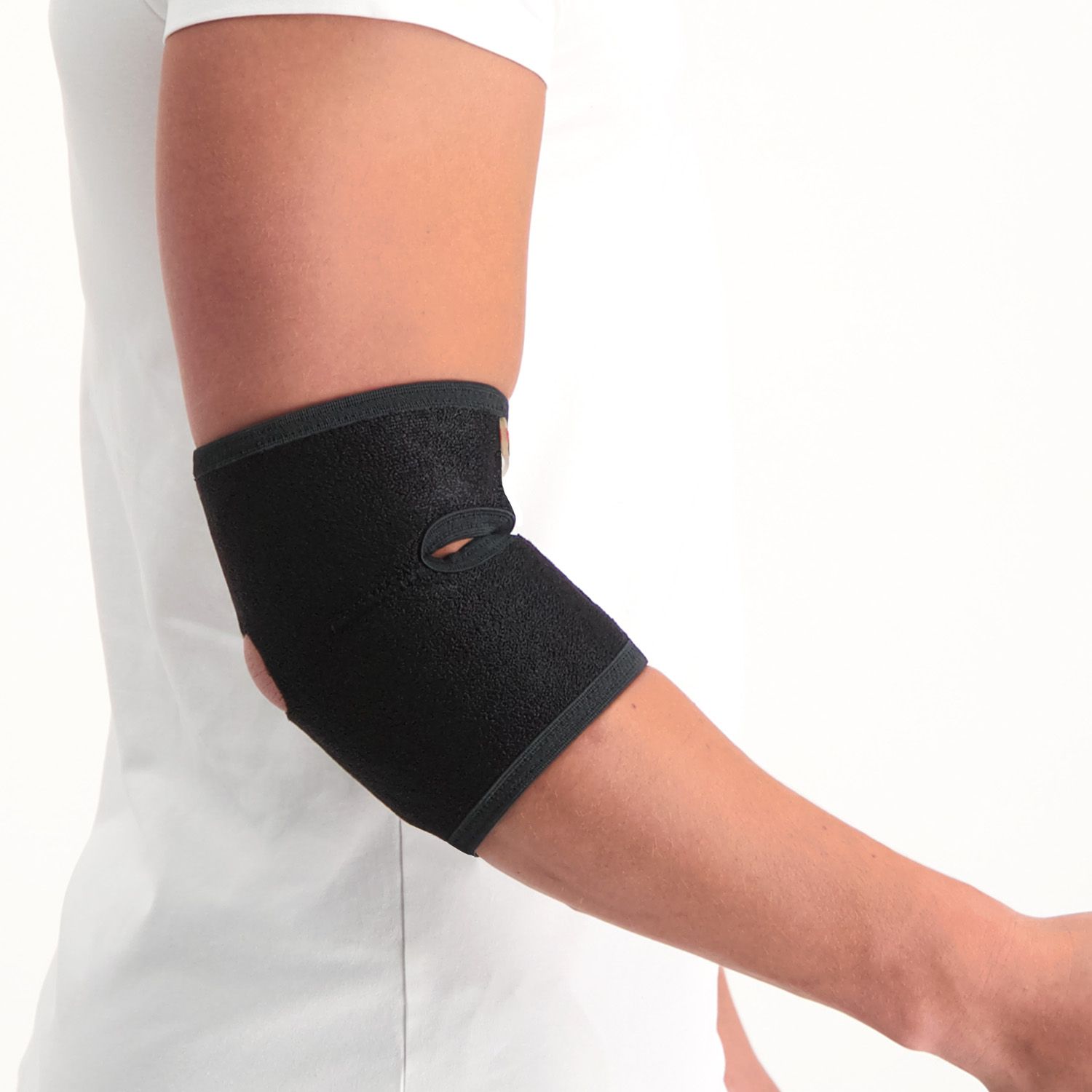 super ortho elbow support around right elbow