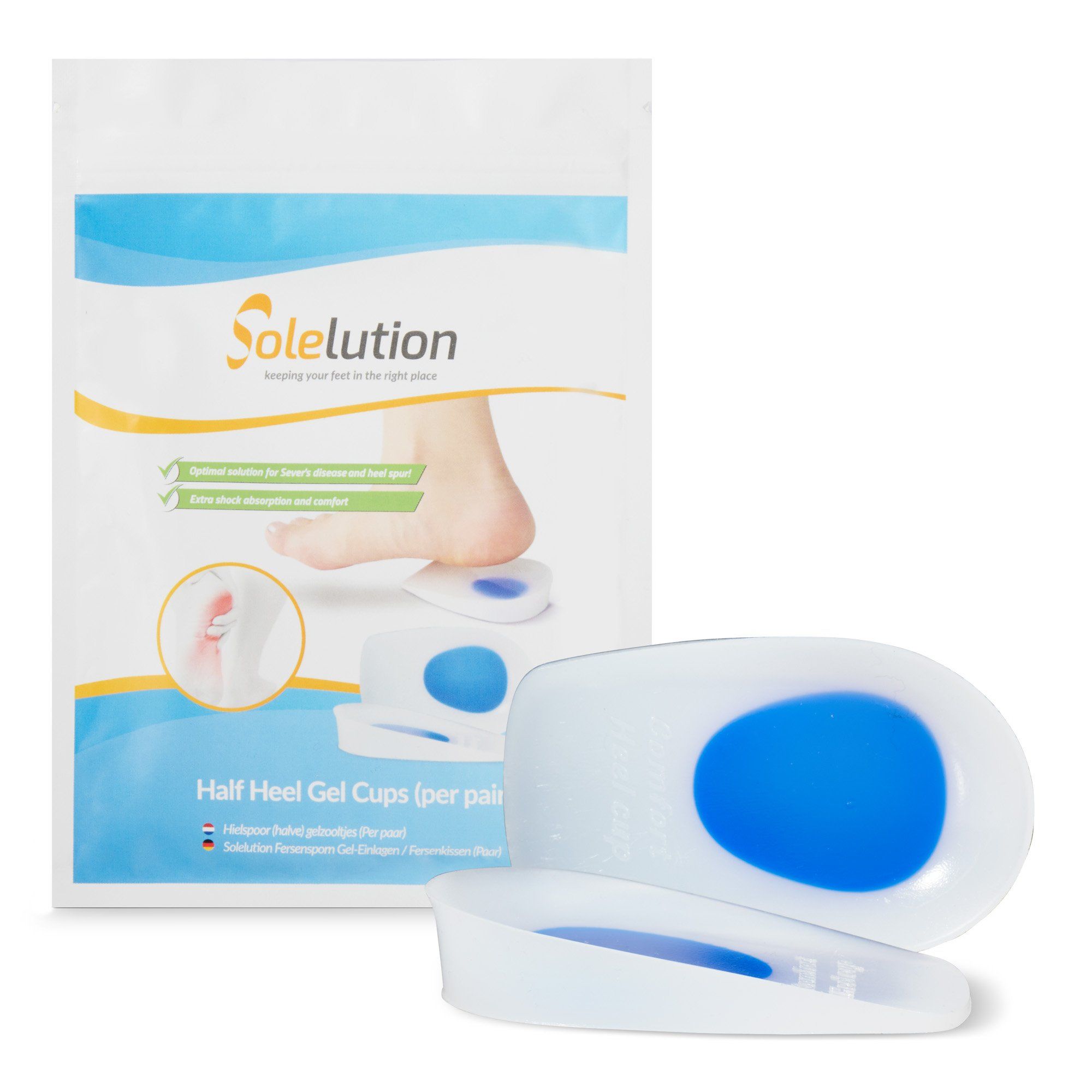 solelution heel spur half gel insoles with packaging behind it