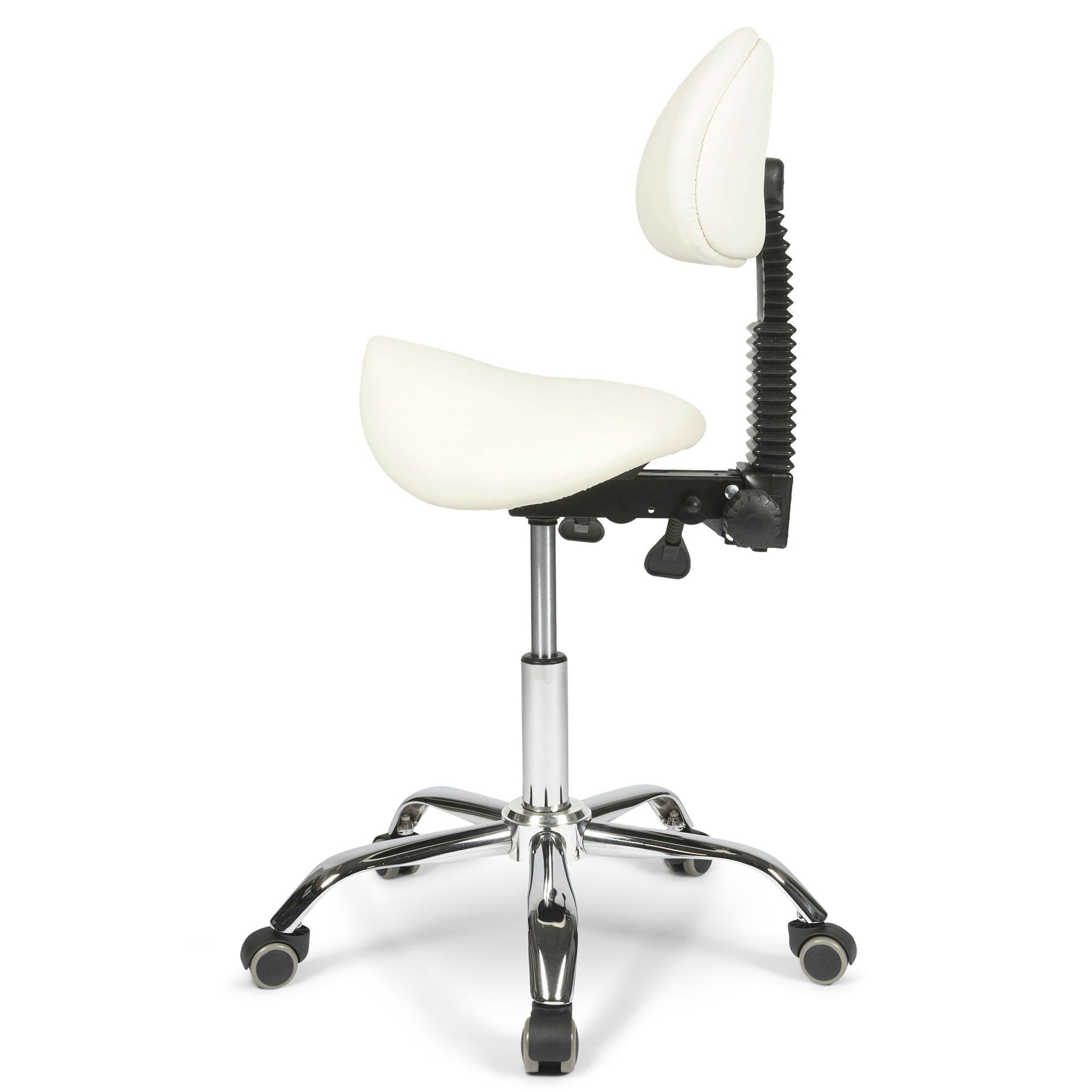 adjustment levers of the white saddle stool with backrest