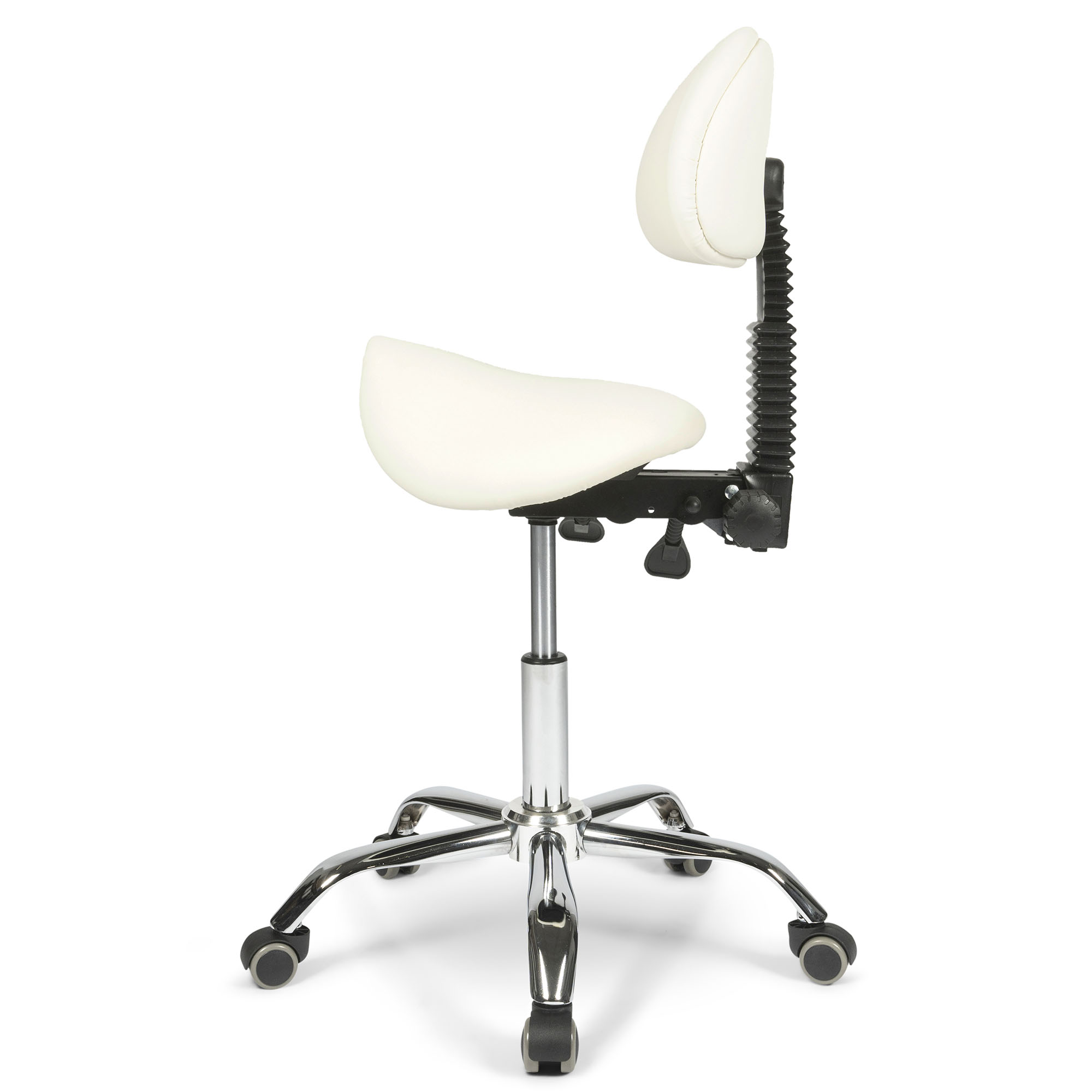 Side view of the Dunimed - Ergonomic Saddle Stool with Backrest - White