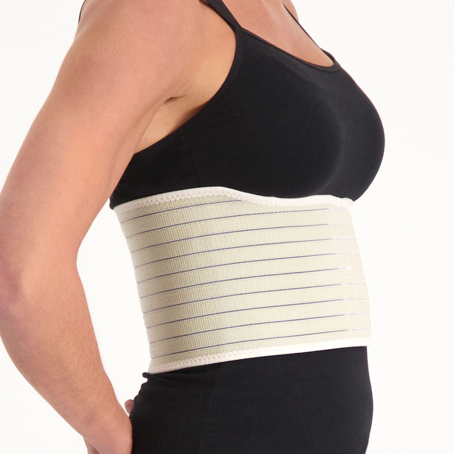 Side view of female model wearing the Dunimed Rib Support