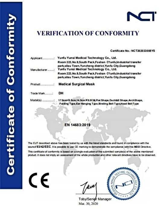 Maseczki ochronne typ IIR Medical verification of conformity