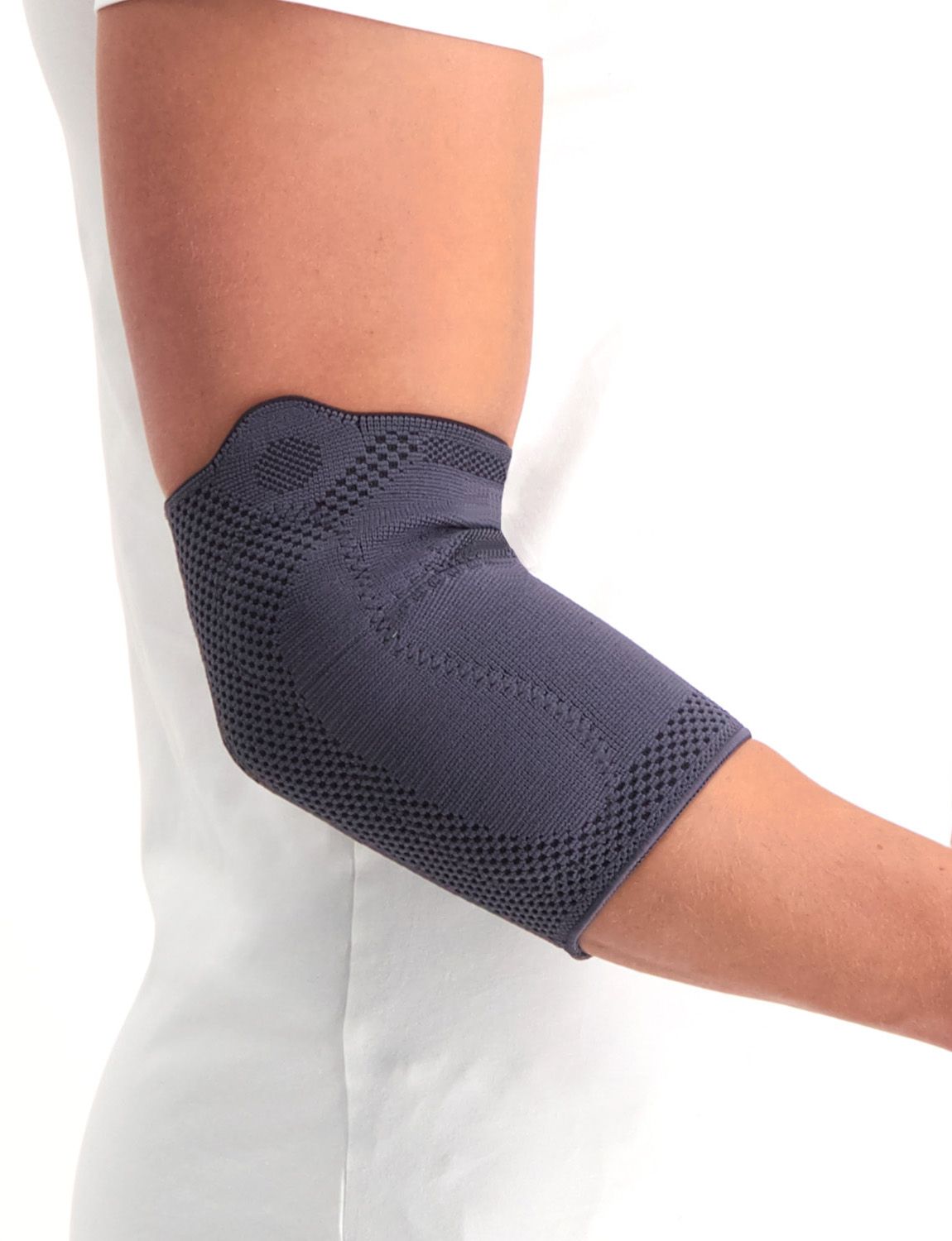 Lateral side view Lyon premium elbow support worn on right arm