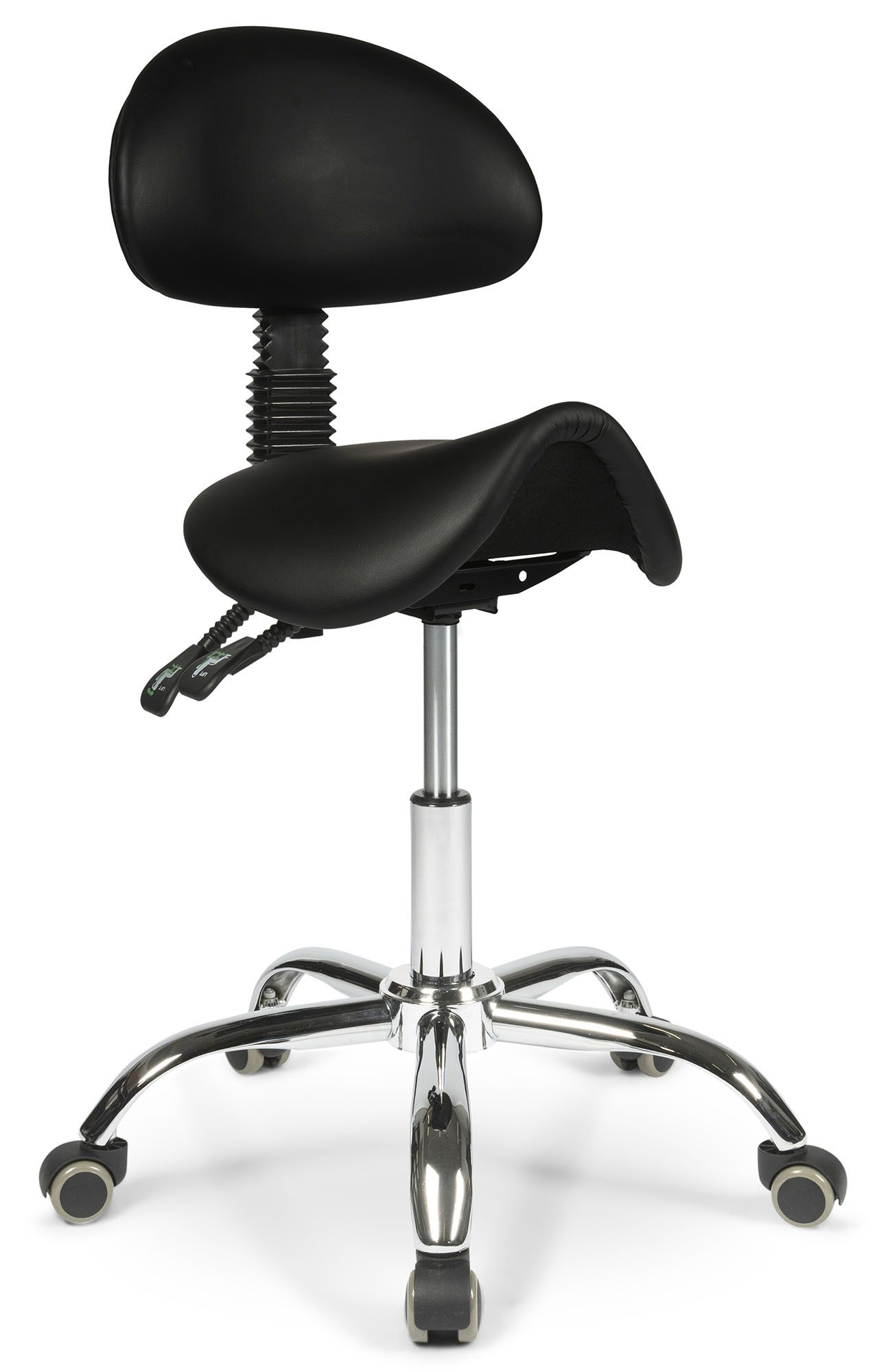 Front side view of the Dunimed ergonomic saddle stool with backrest in black