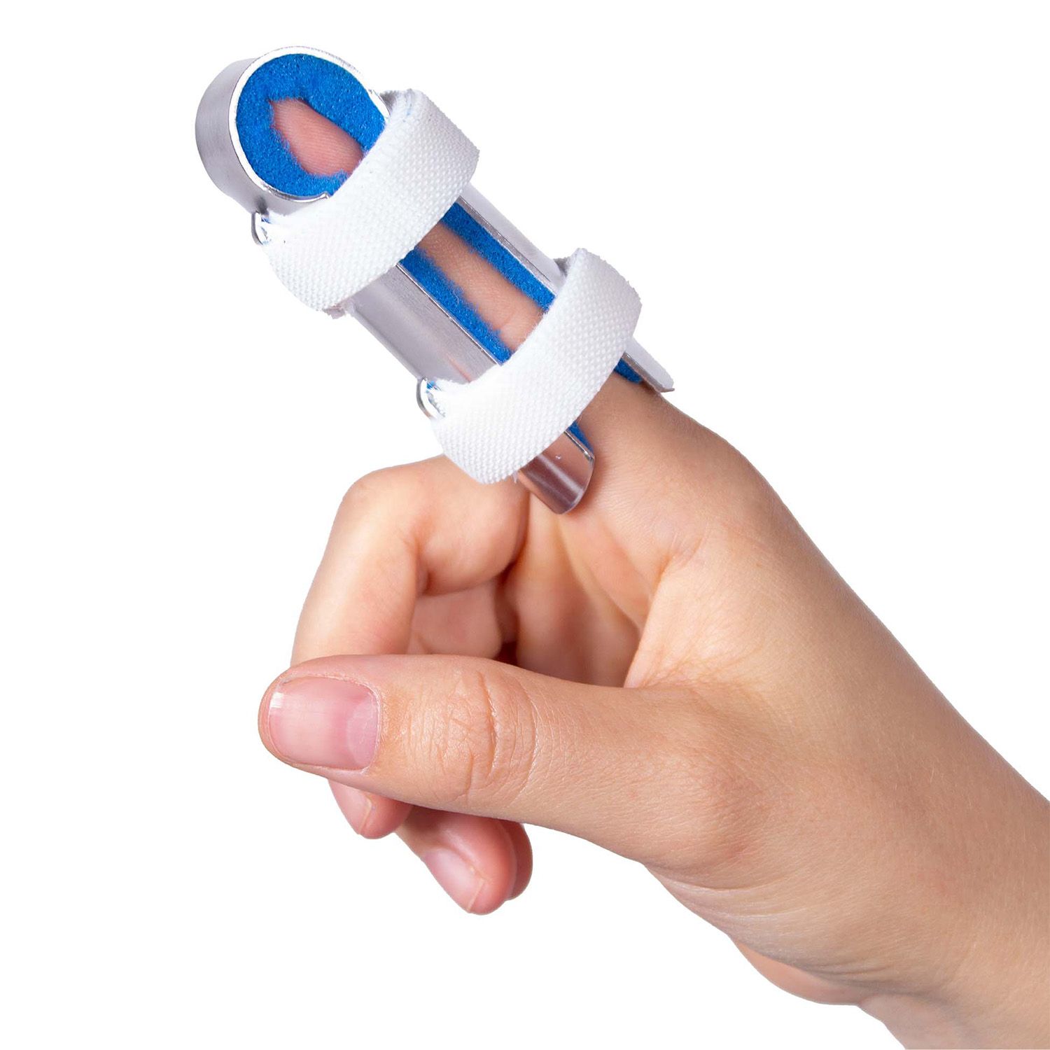 dunimed finger splint with strap worn by model around the right index finger pointing up