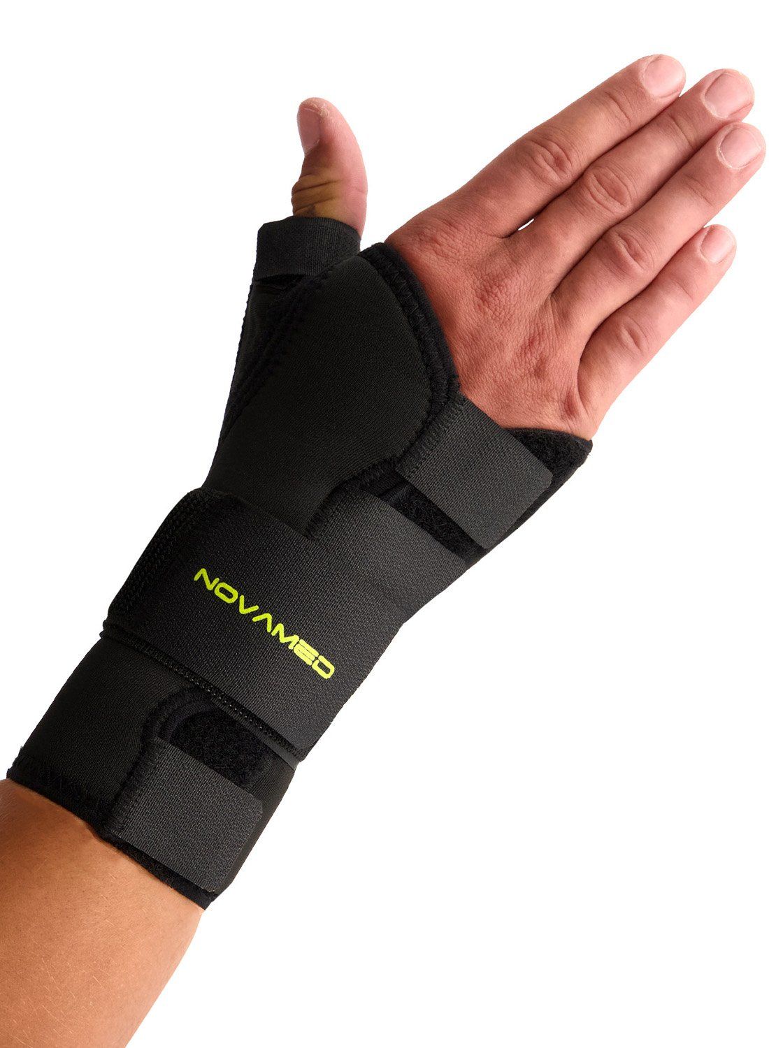 Outside view of model wearing the Novamed Thumb Support / Wrist Splint around right wrist and thumb