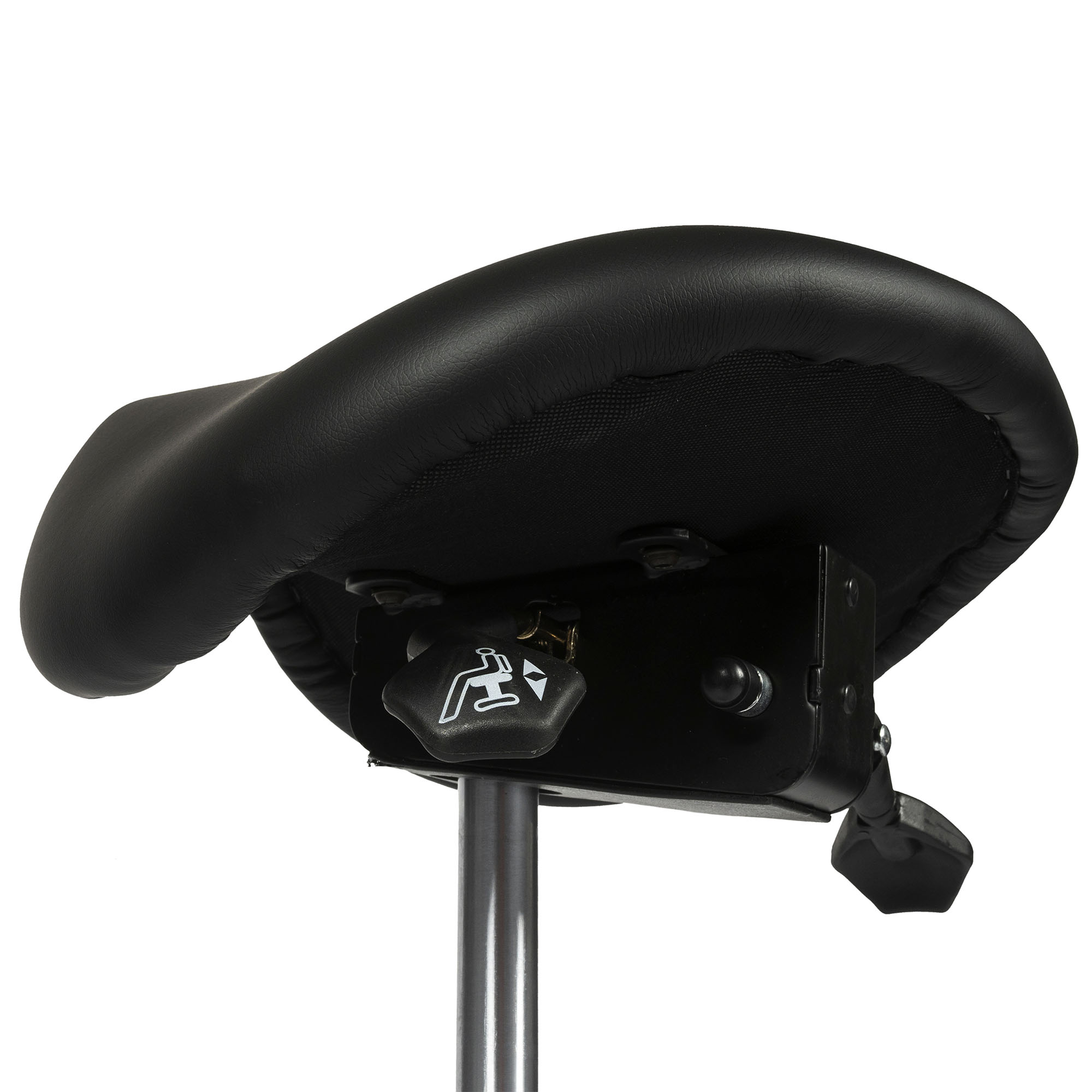 Bottom of the seat with the handle on the left side of the Dunimed Ergonomic Saddle Stool with Tiltable Seat (High Version)