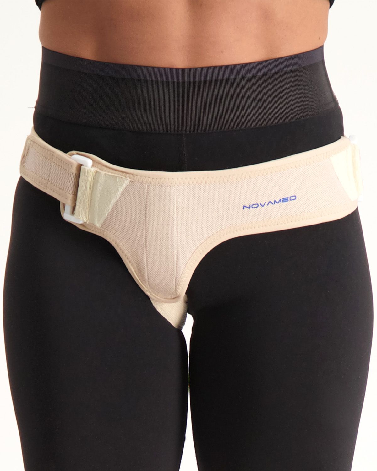 Front view of the Novamed inguinal hernia belt single sided for right leg