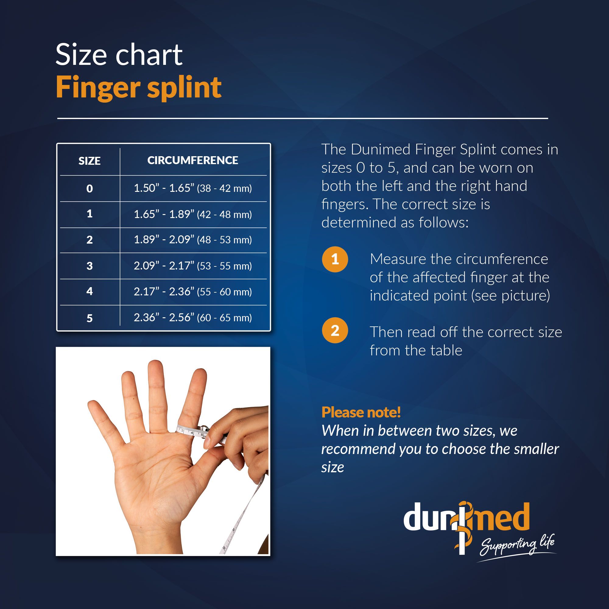 Size Chart Dunimed Finger Splint