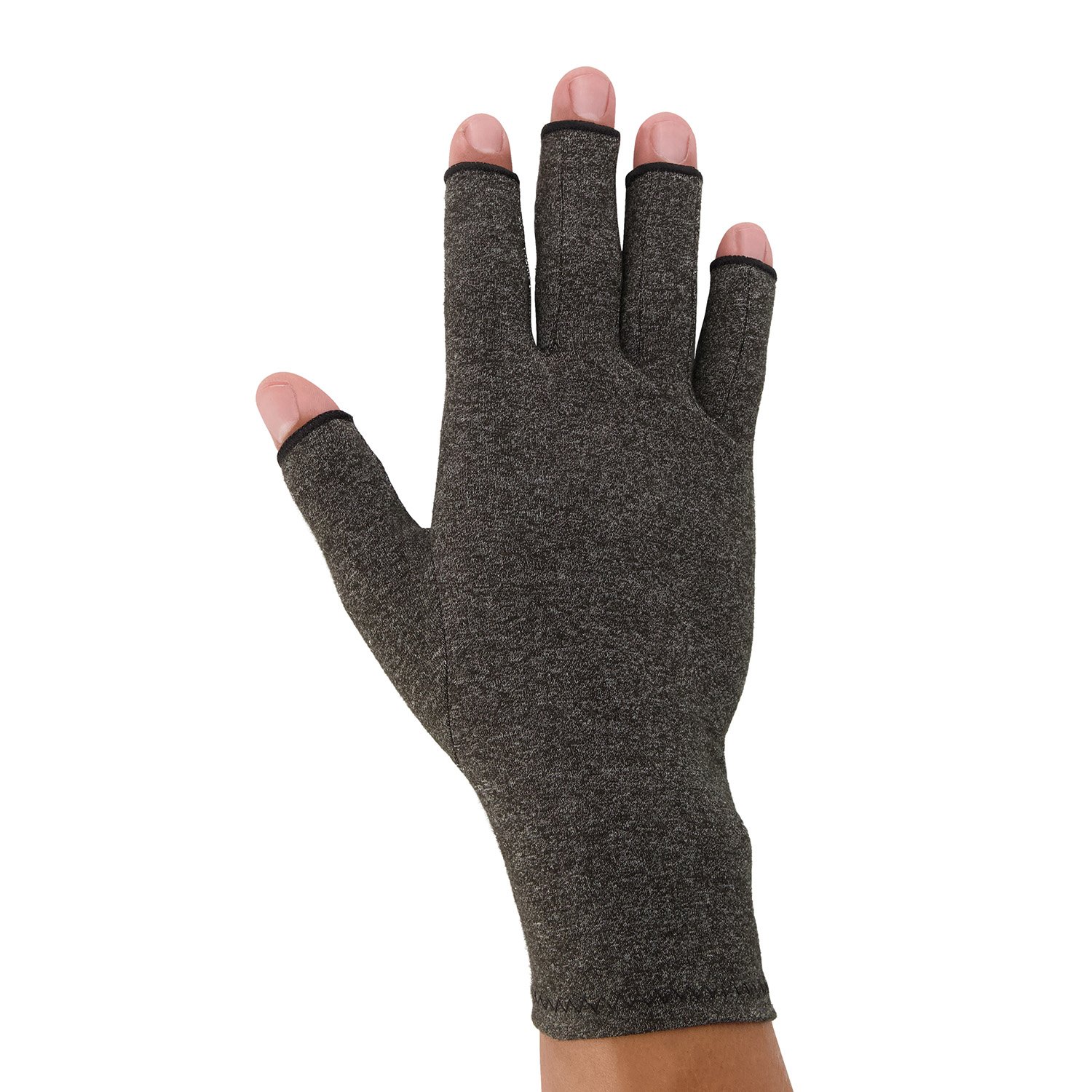 model wearing medidu rheumatoid arthritis gloves on the right hand in the colour grey