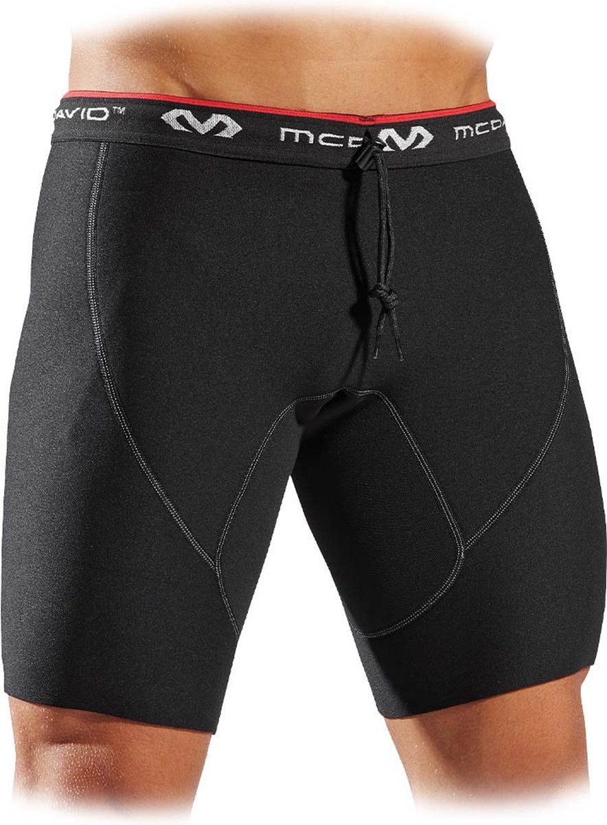 The McDavid Neoprene Thermal Shorts wore by a man with the front of the shorts visible