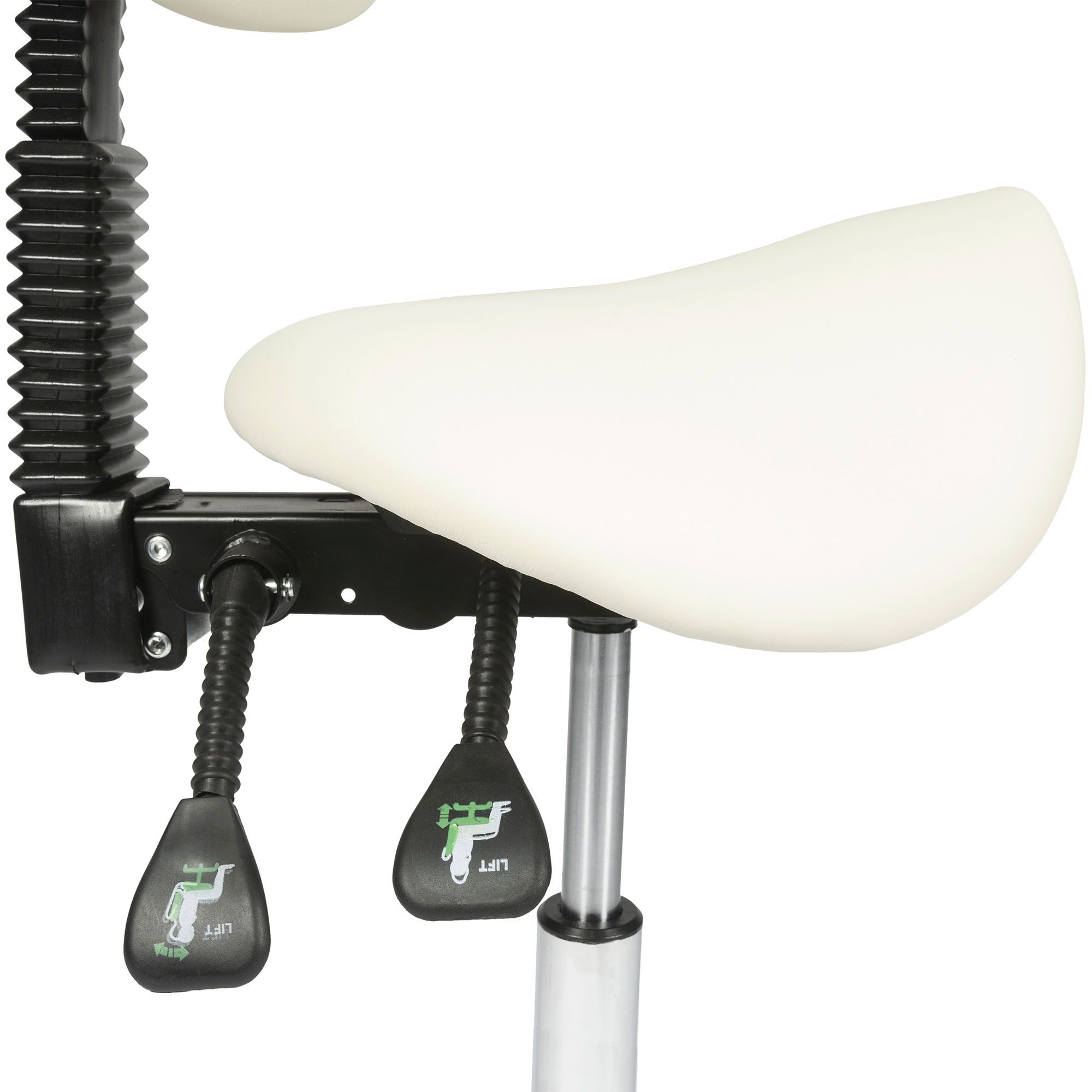 Close-up of the handles and saddle of the Dunimed - Ergonomic Saddle Stool with Backrest - White