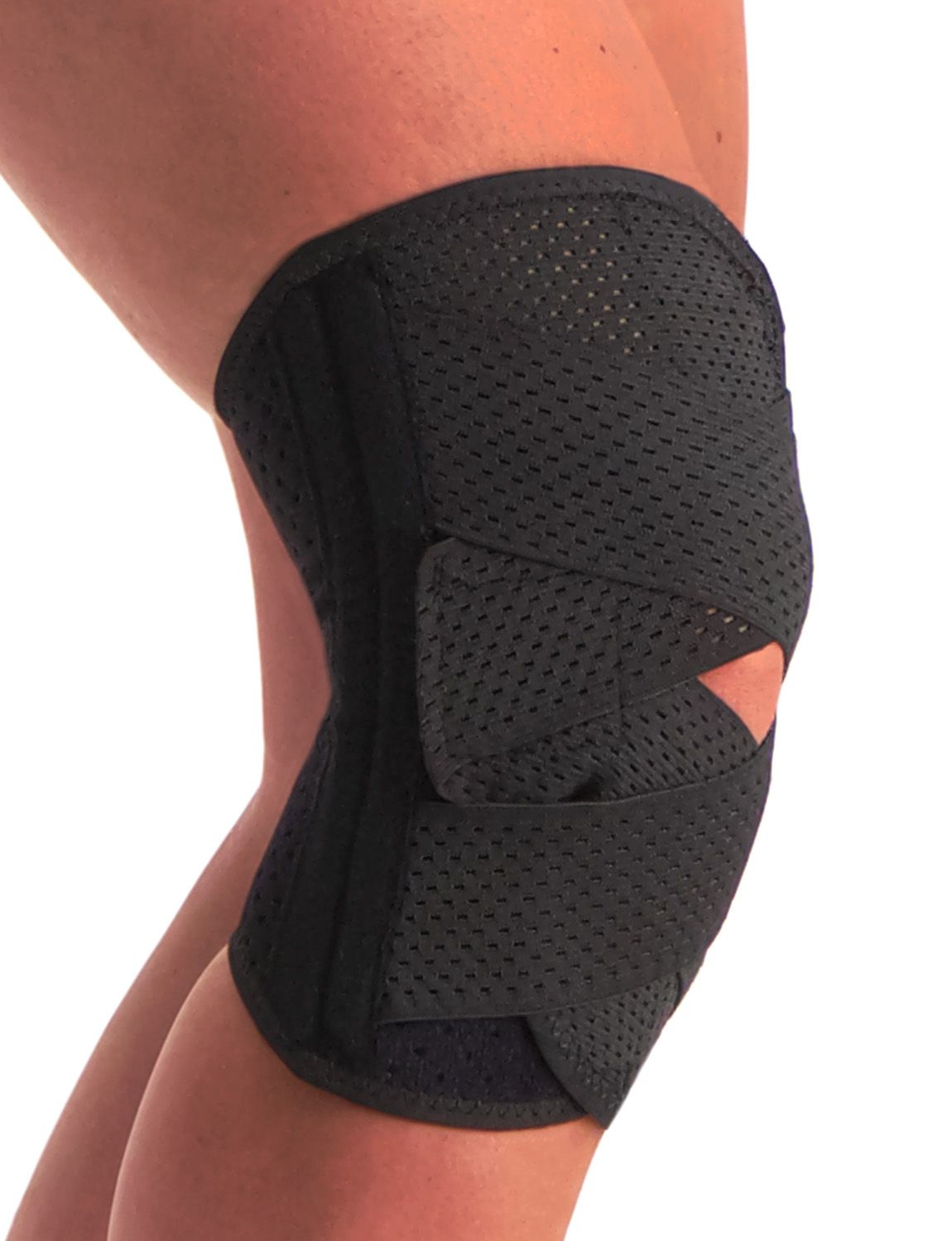 the dunimed wrap knee support with busks worn on the right knee with the knee slightly bended