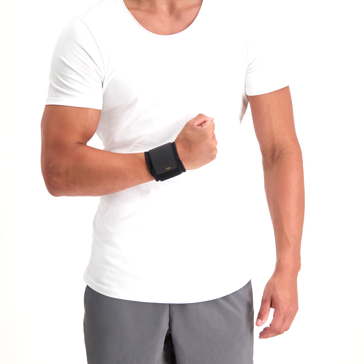 Model wearing the Medidu Wrist Wrap with a closed hand