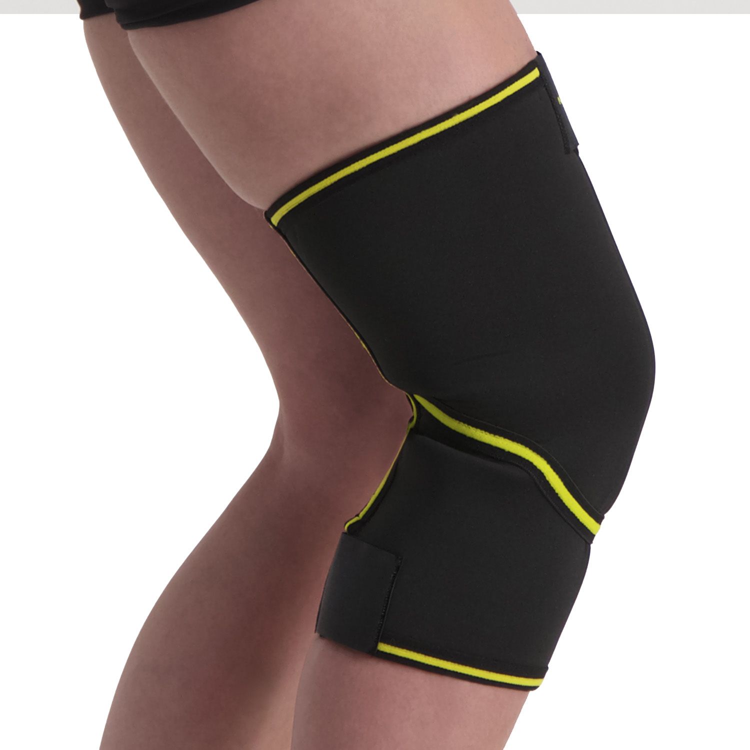 Side view of model wearing the the Novamed Closed Patella Knee Support around right knee