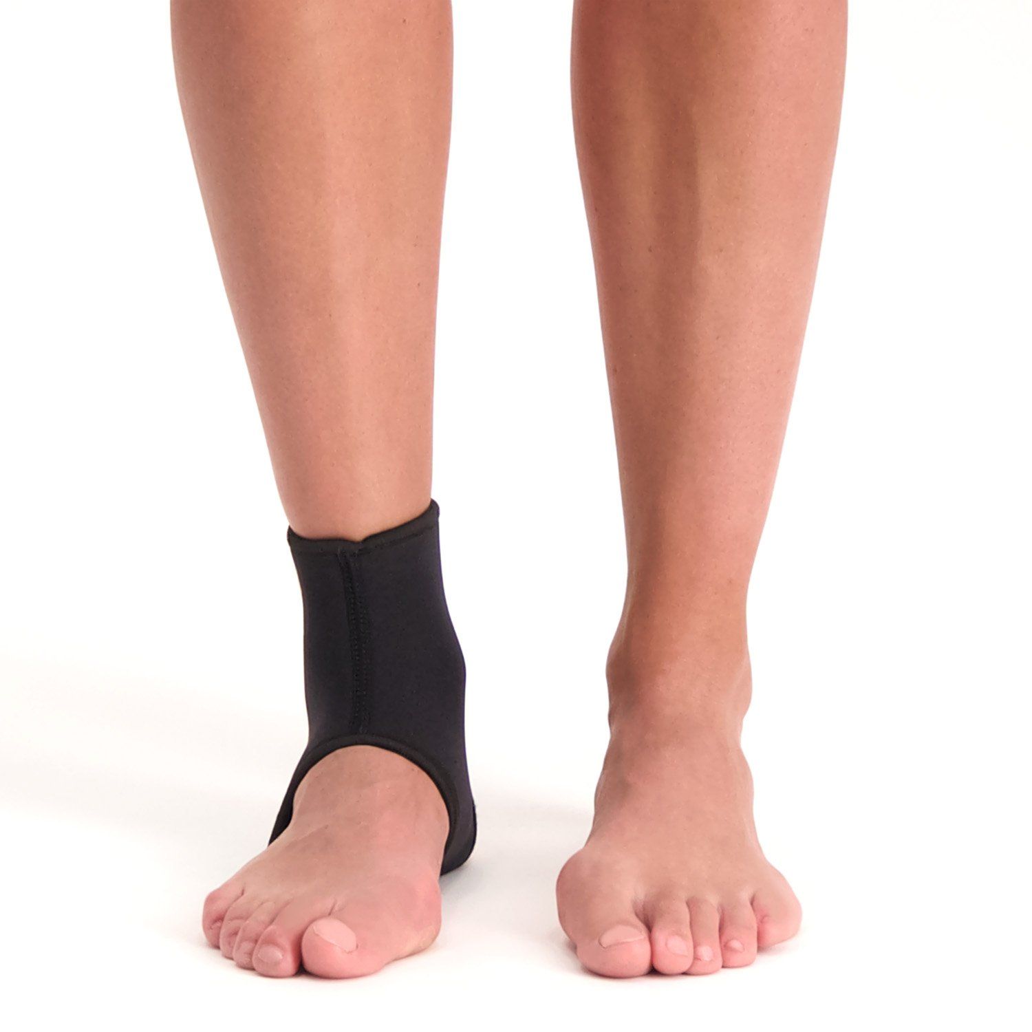 Front side view of the Dunimed Ankle Support worn by model around the right ankle