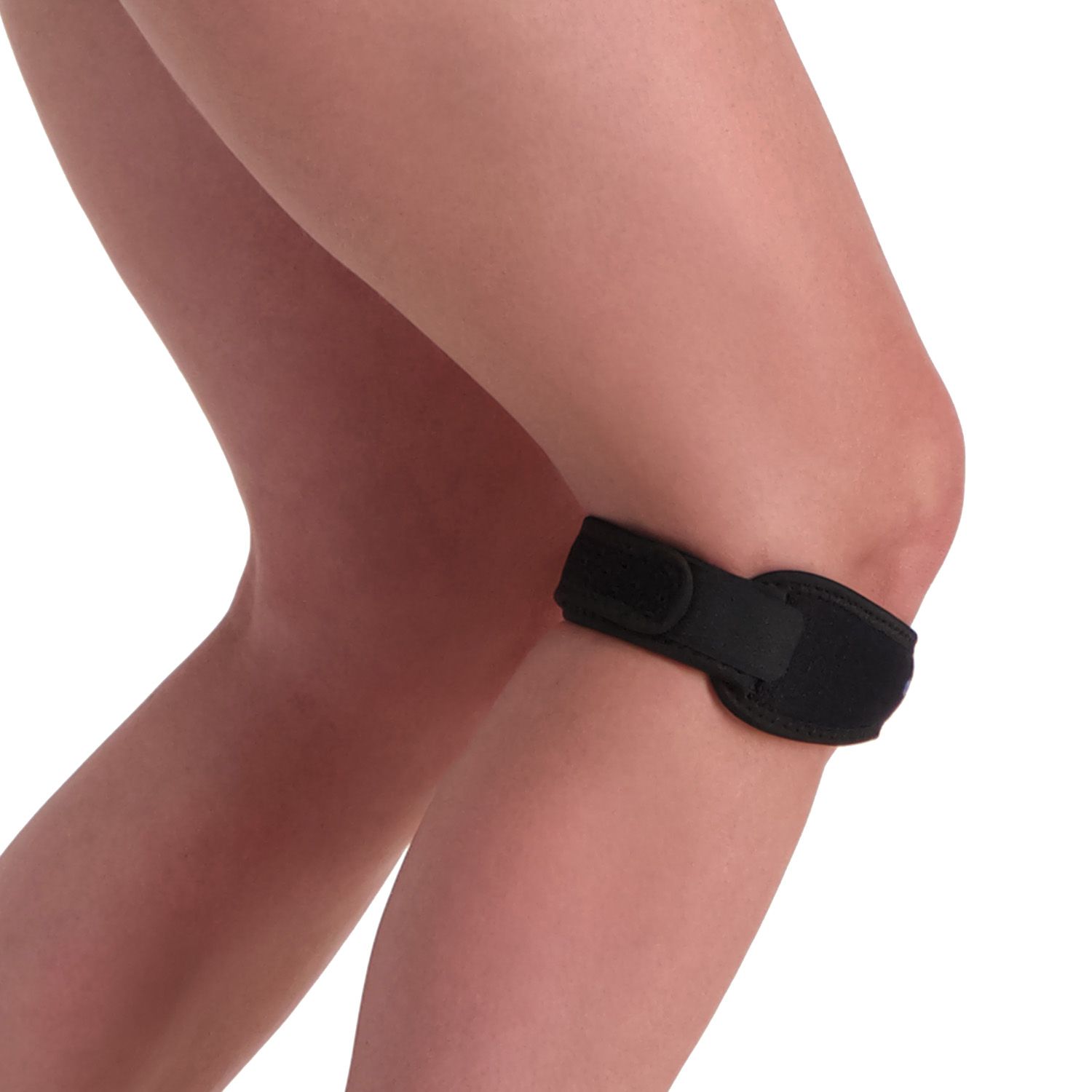 Side view of model wearing the Dunimed Knee Strap while slightly bending the knee