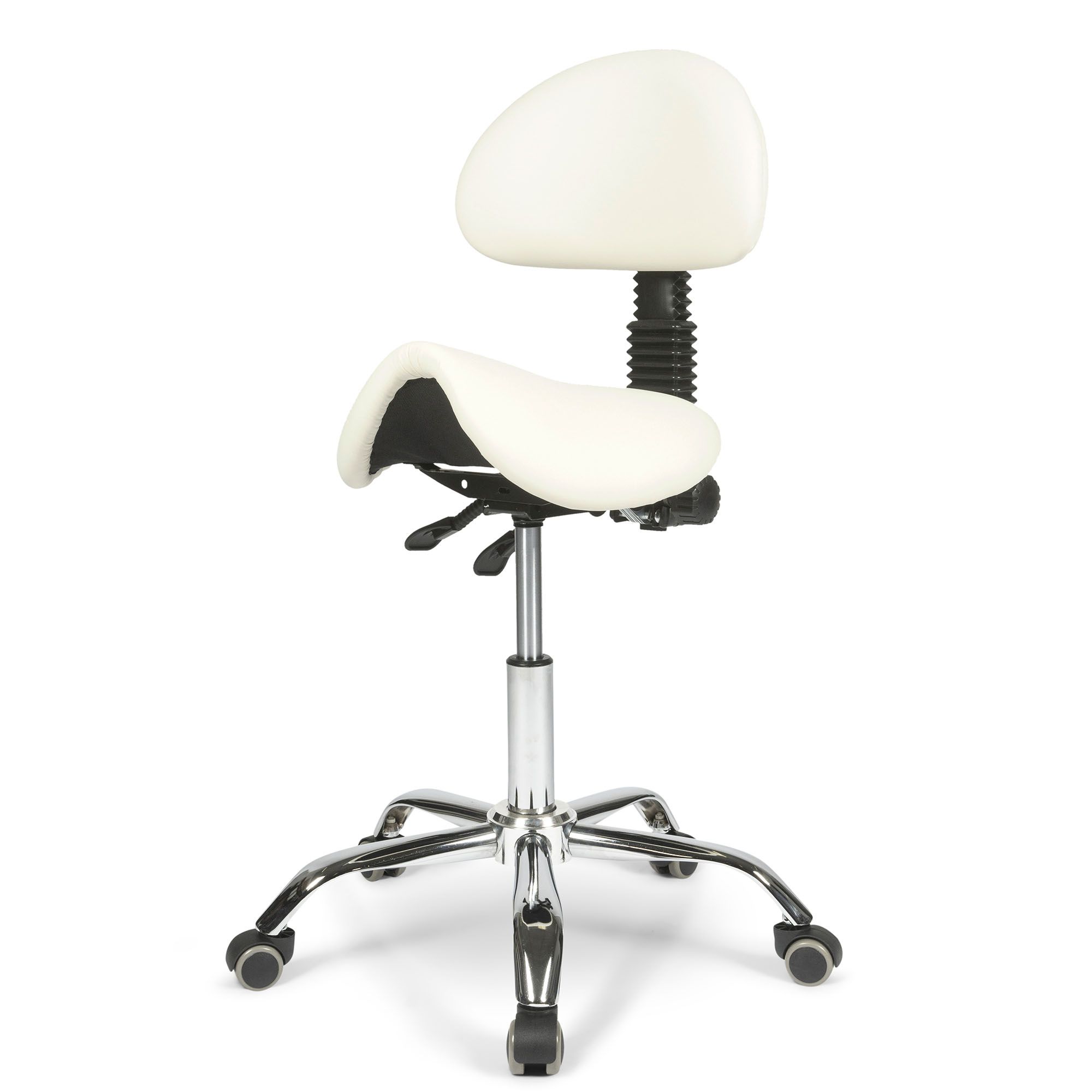 seat explanation of the white saddle stool with backrest