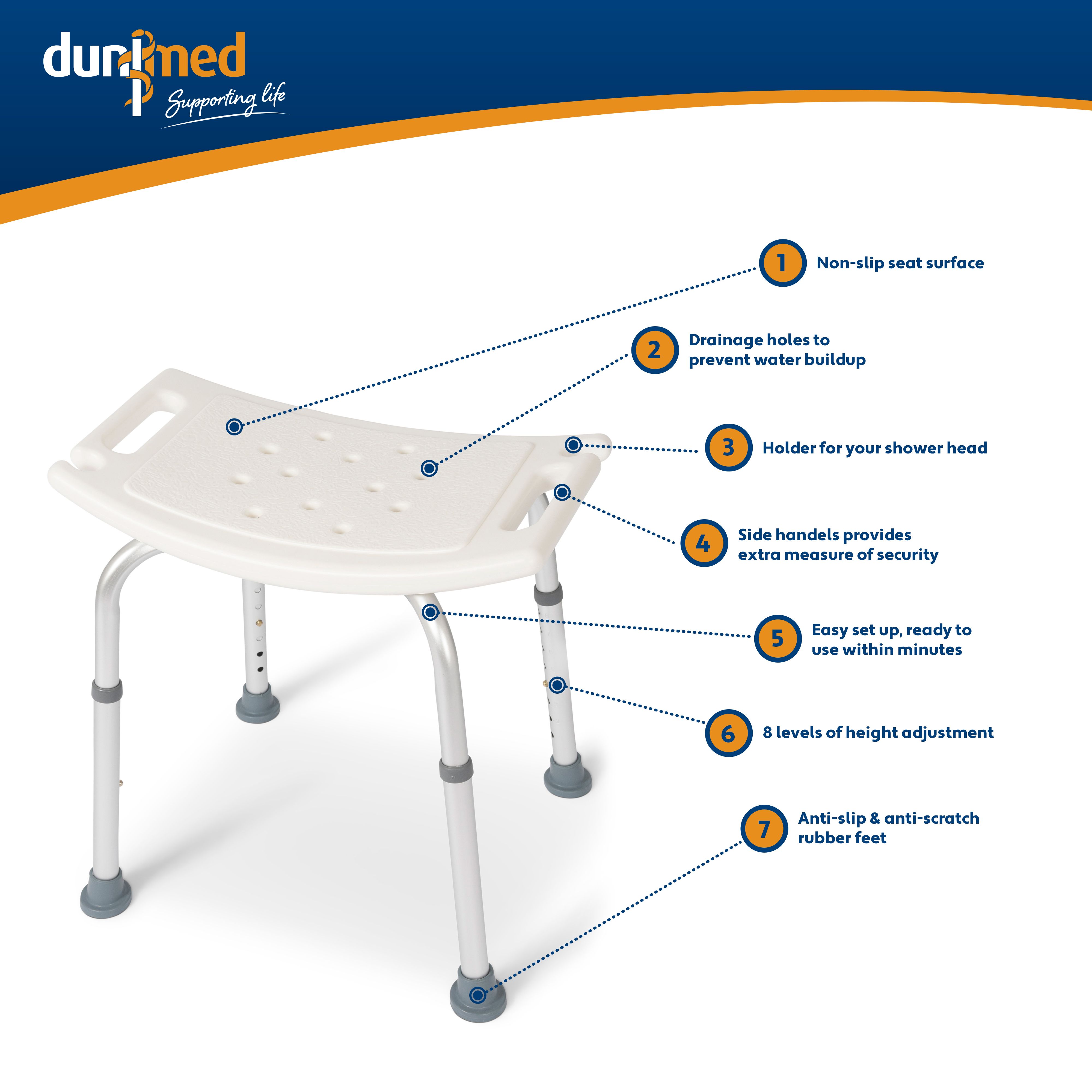 Product features of the Dunimed Shower Chair - In Height Adjustable