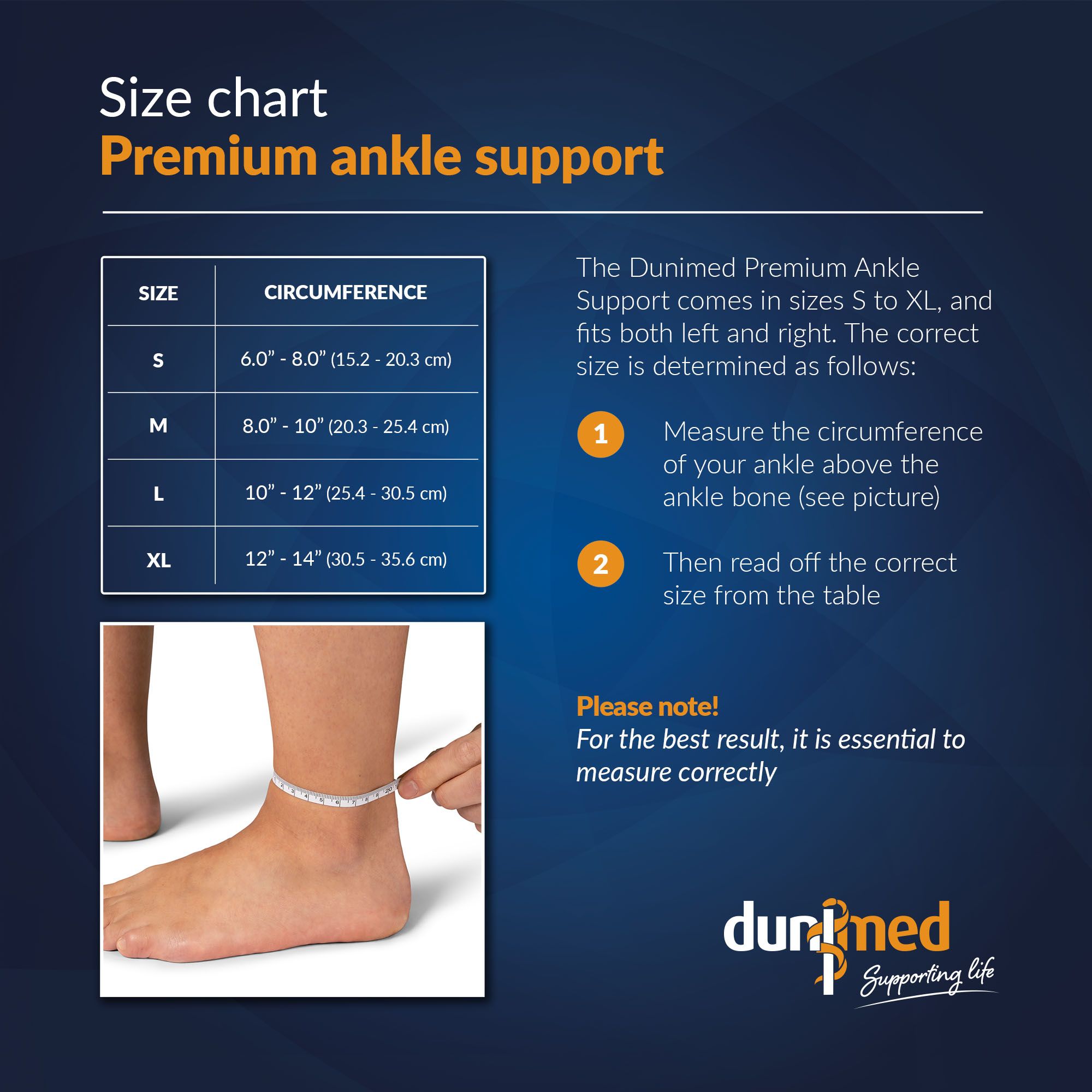 Size chart Dunimed Premium Ankle Support