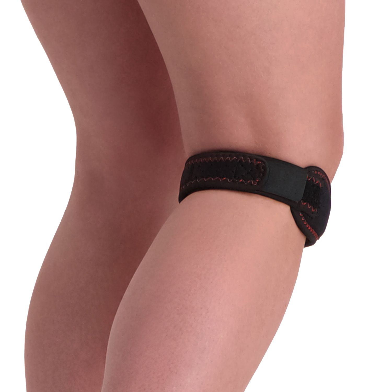 Back view of model wearing the Gladiator Sports Knee Strap around the right patella