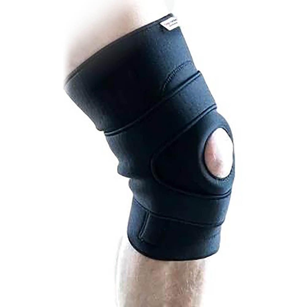 super ortho patella support kneecap support in black worn around the left knee slightly bent