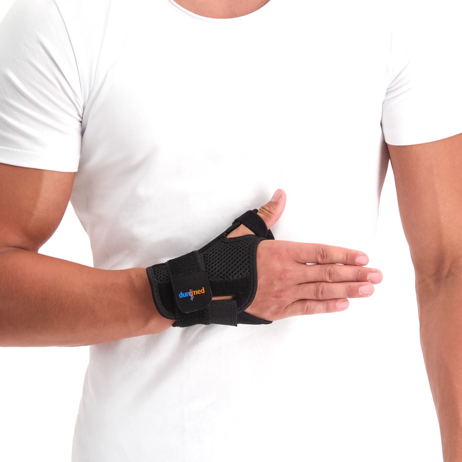 dunimed premium thumb wrist support being put around left hand