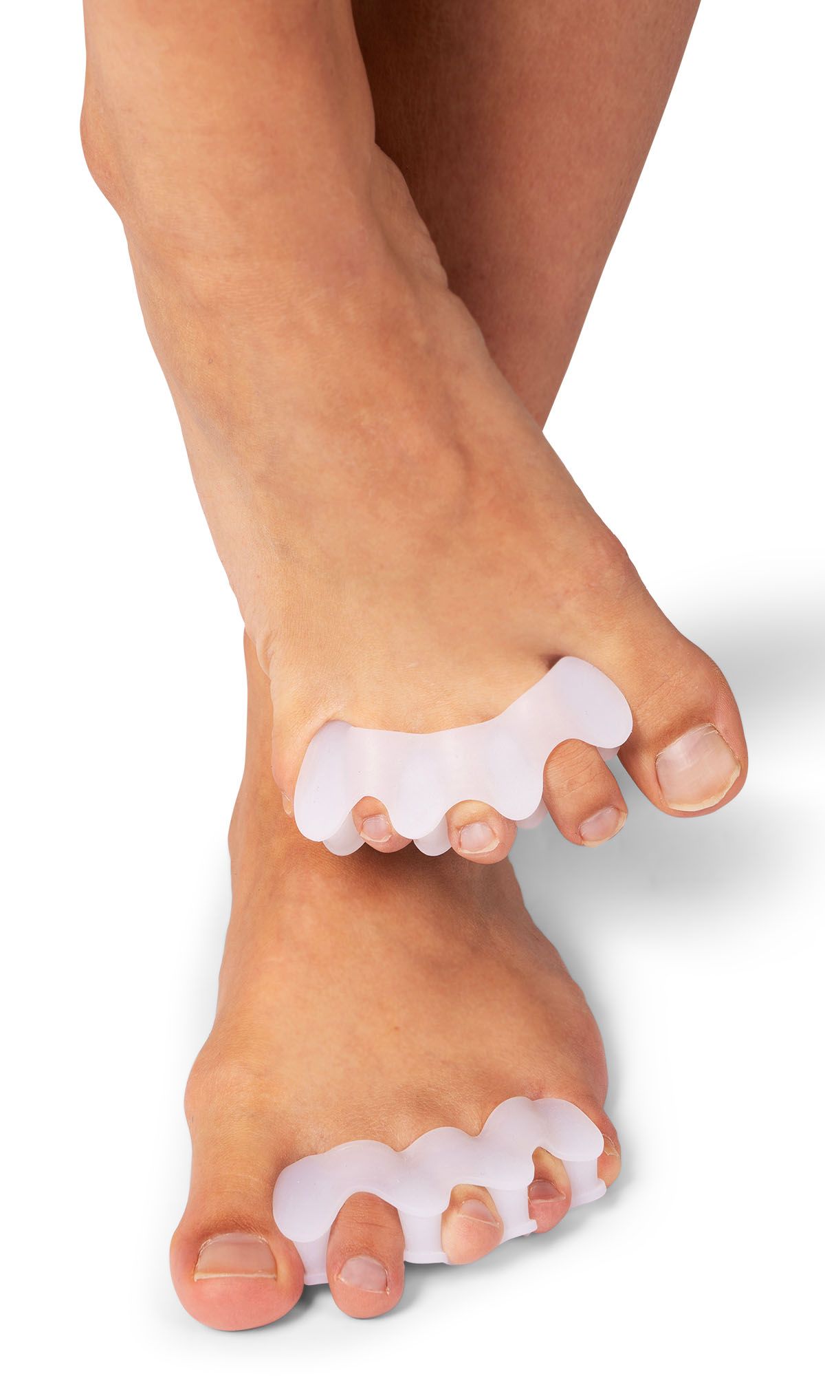 Top view of model wearing the Toe Spreader for All Toes around both feet