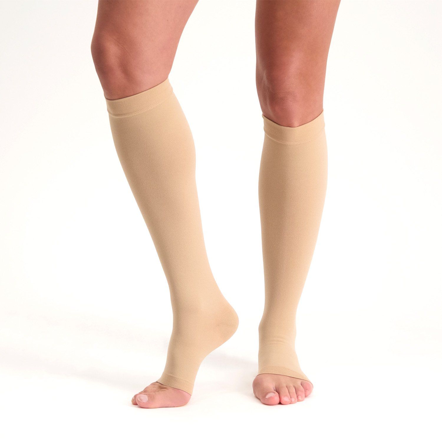 Dunimed Premium Comfort Stützstrümpfe Druckklasse 1 – Offene Fußspitze getragen Vorderansicht