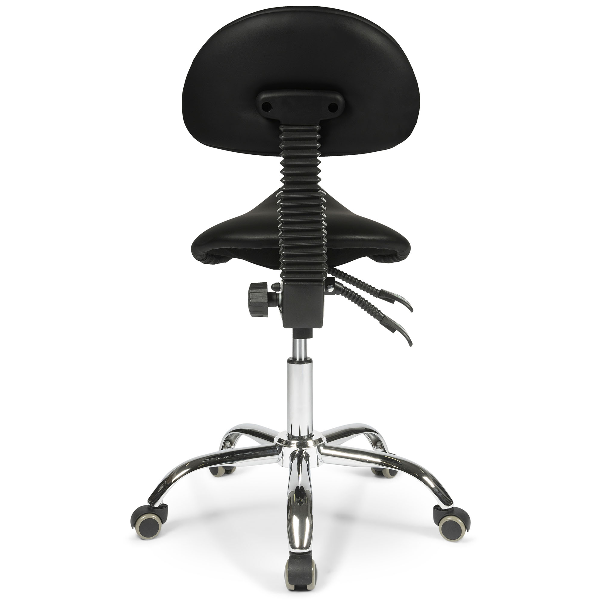 Back view of the Dunimed ergonomic saddle stool with backrest in black