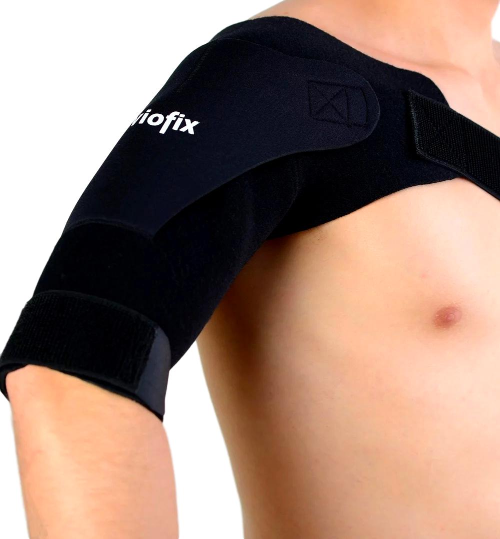 Close-up of model wearing the Viofix Lightweight Shoulder Support around right shoulder