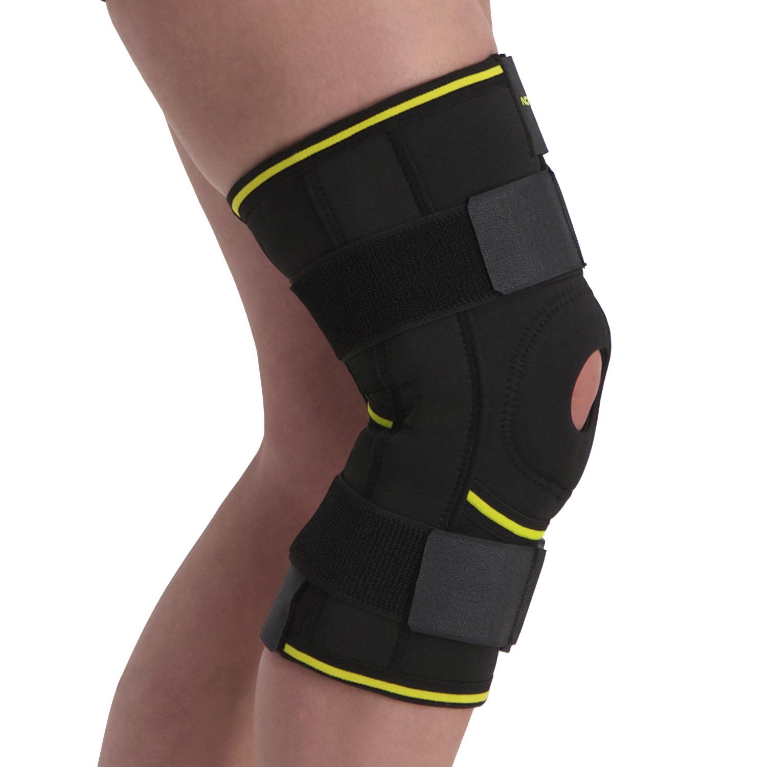 Oblique view of model wearing the Novamed Lightweight Hinged Knee Support around right knee