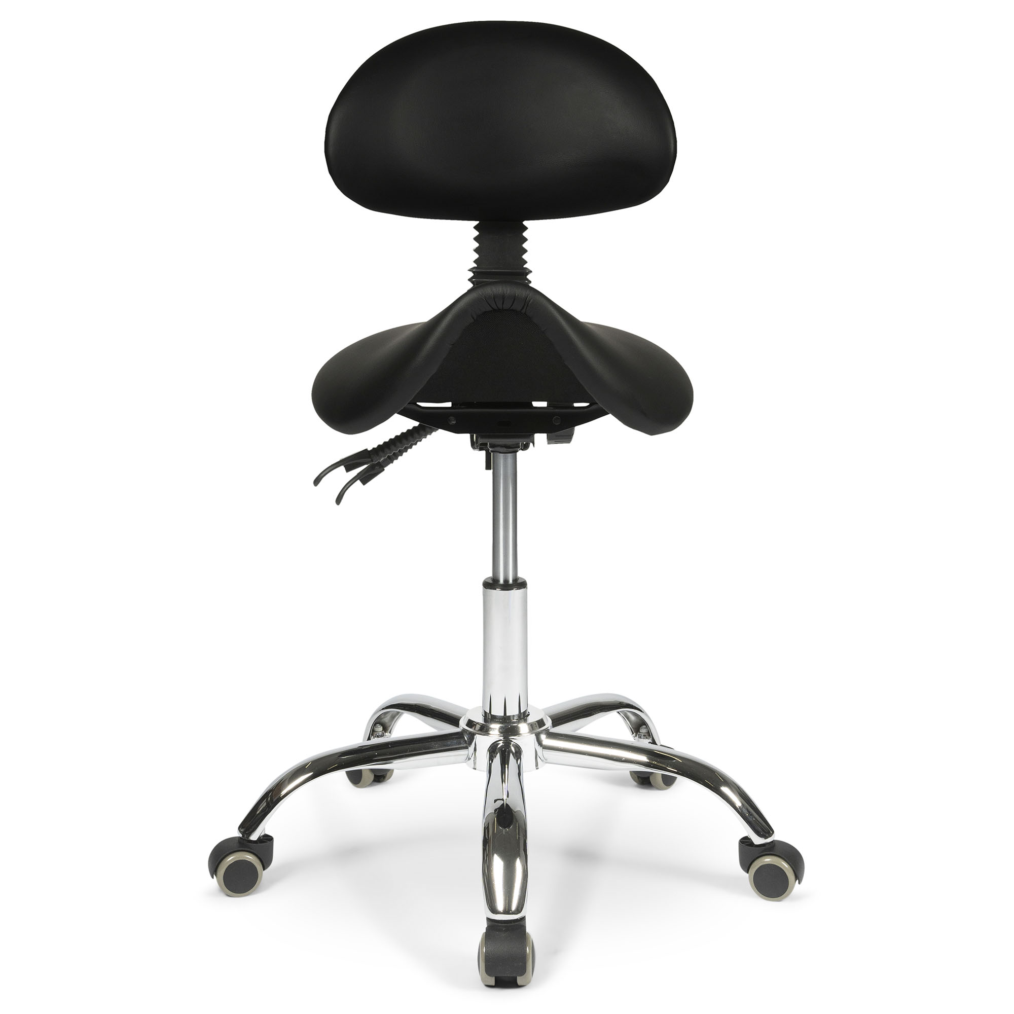 Front view of the Dunimed ergonomic saddle stool with backrest in black