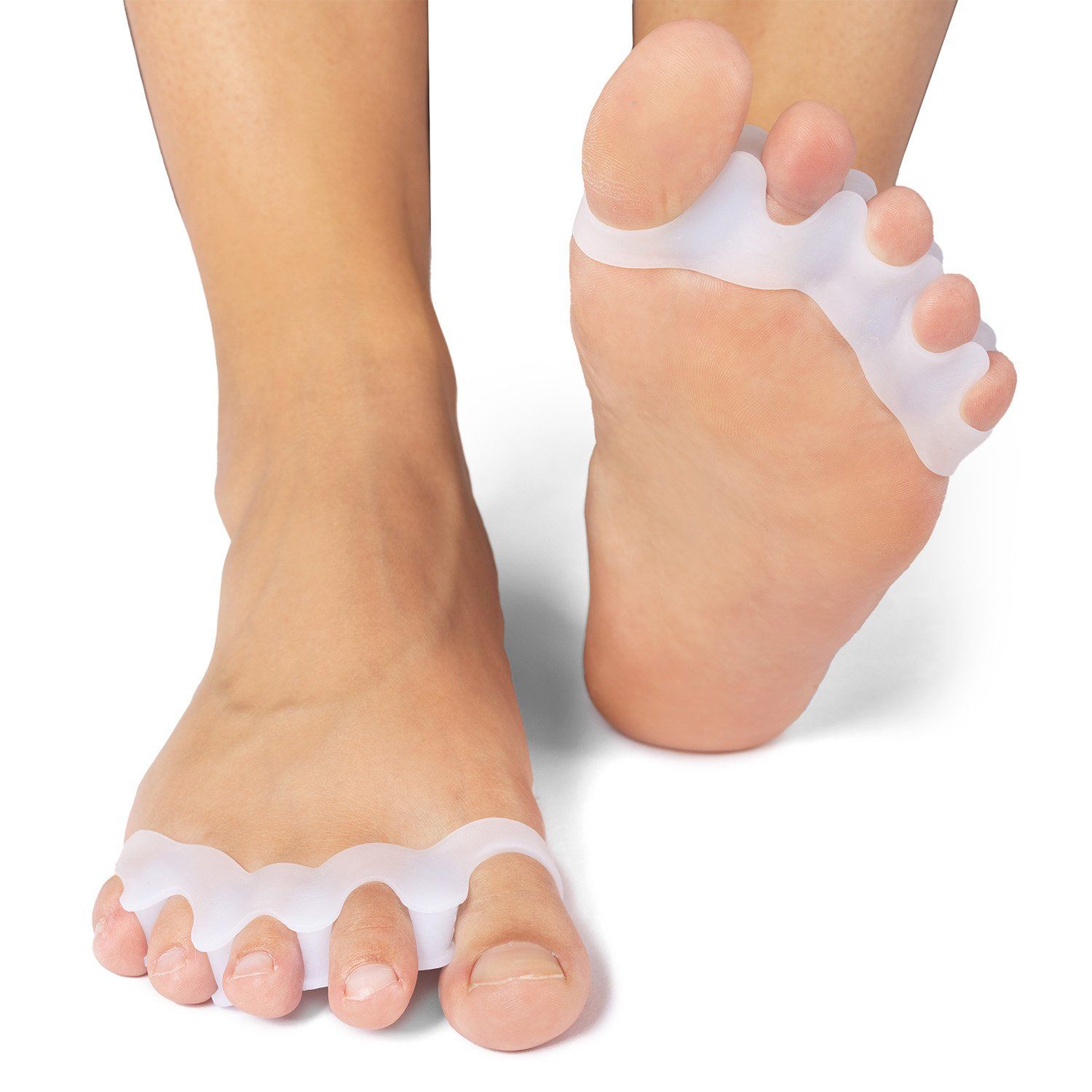 Bottom view of model wearing the Toe Separator for All Toes on both feet