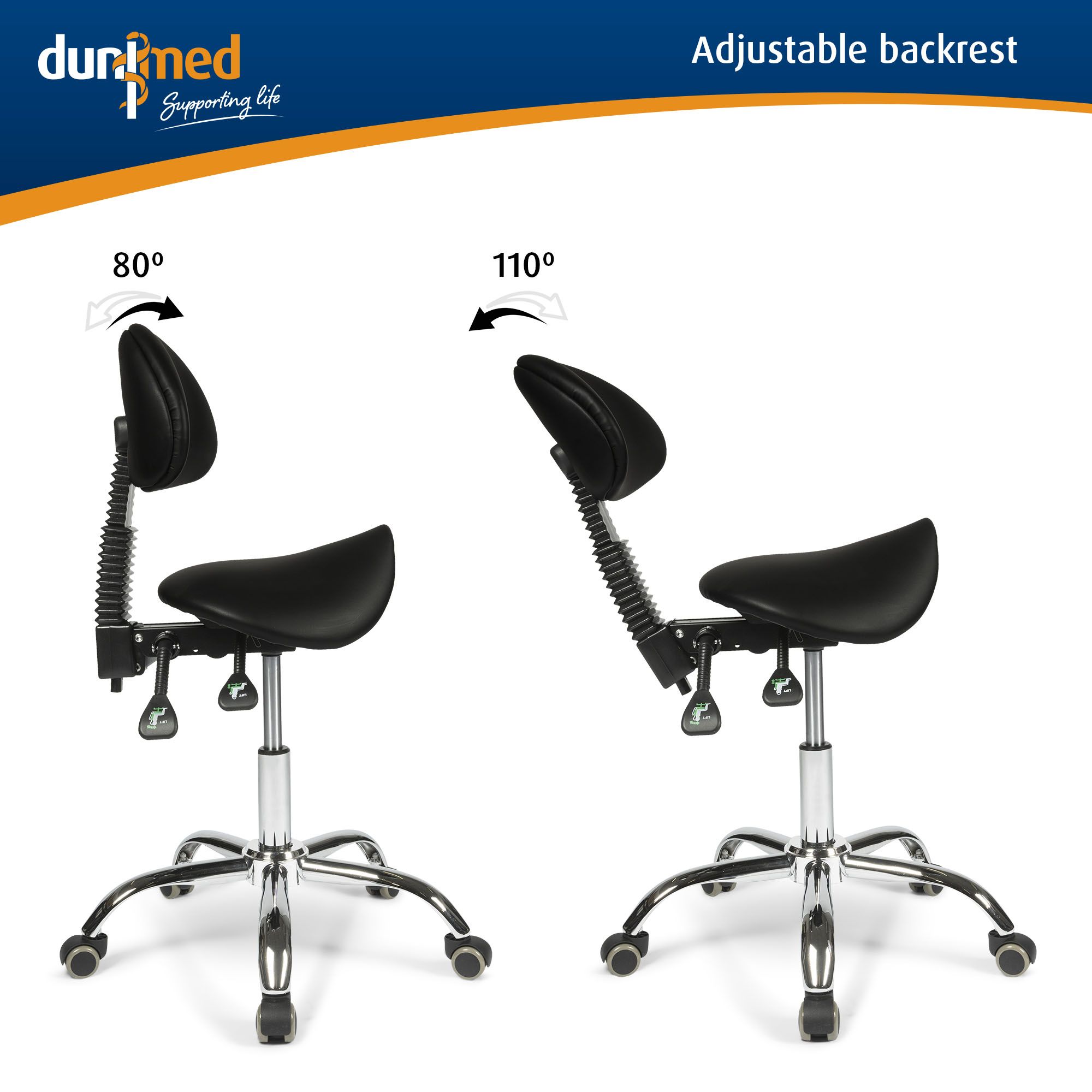 Side view of the Dunimed ergonomic saddle stool with backrest showing the possible tilt of the backrest