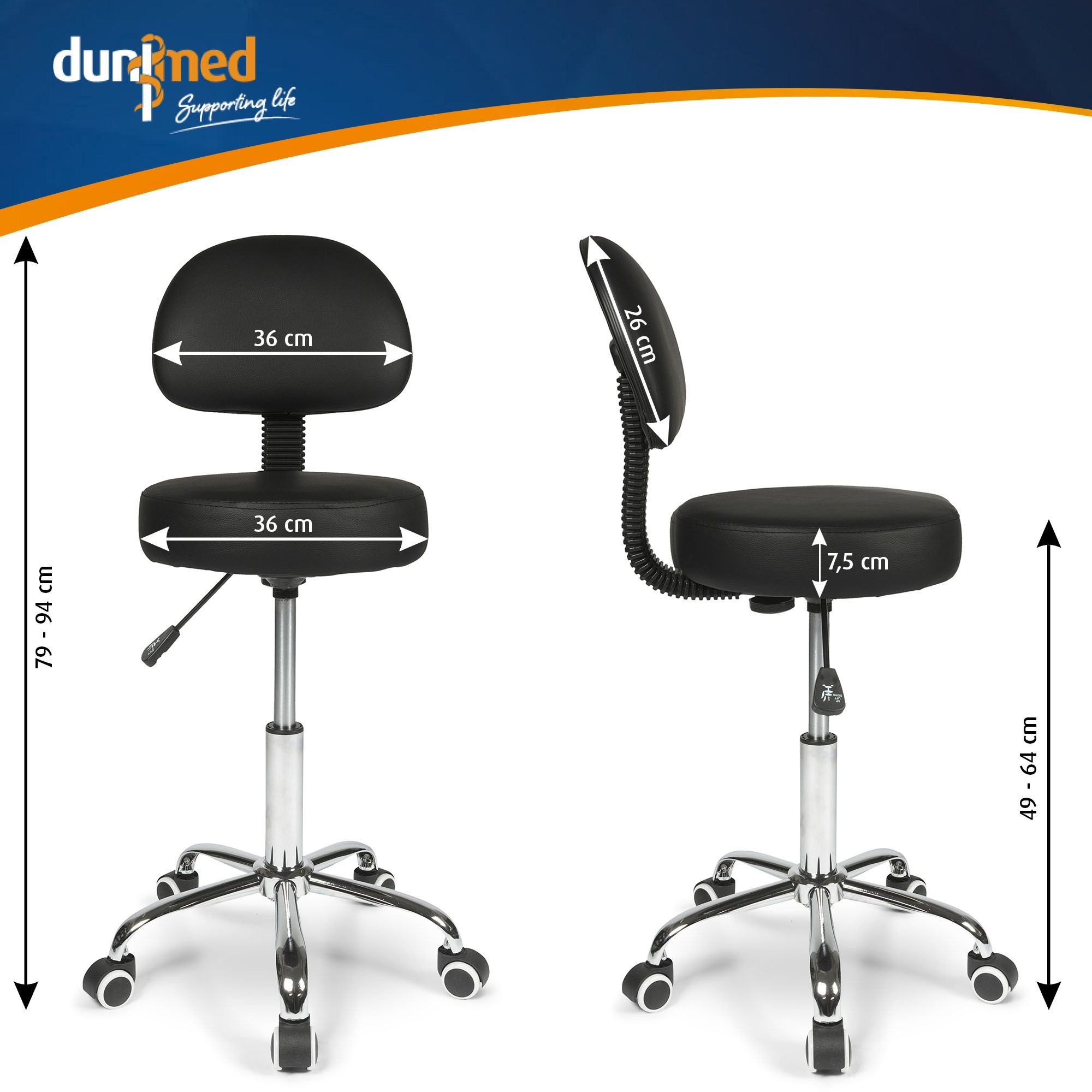 Dunimed Work Stool with Wheels and Backrest size chart