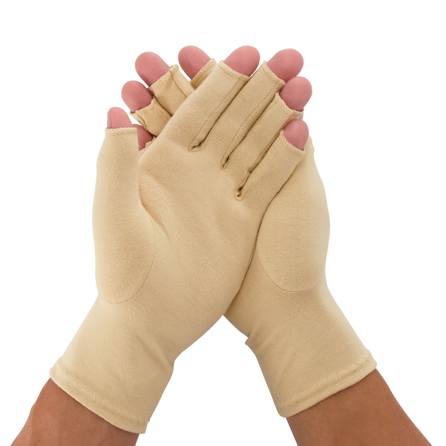 Model wearing the Medidu Osteoarthritis / Rheumatoid Arthritis Gloves Beige around both hands