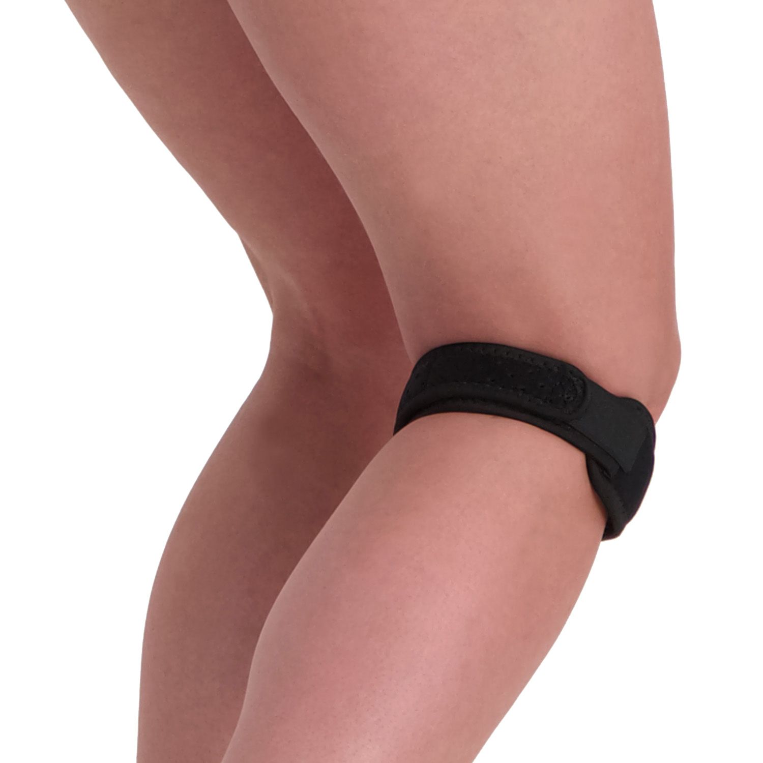 Back side view of the Dunimed Knee Strap worn around the right knee