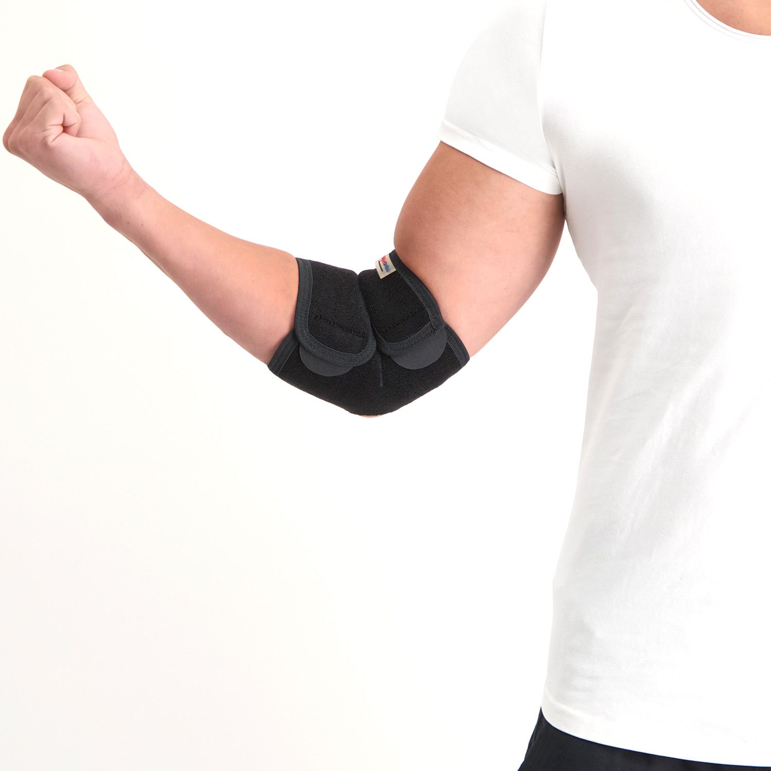 Front view of model wearing the Super Ortho Elbow Support Sleeve