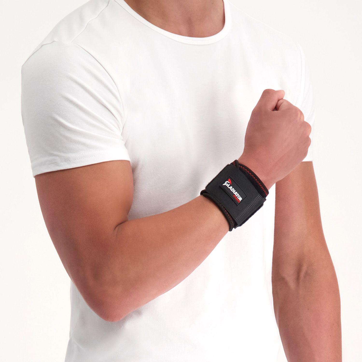 Front view of model wearing the Gladiator Sports Wrist Wrap
