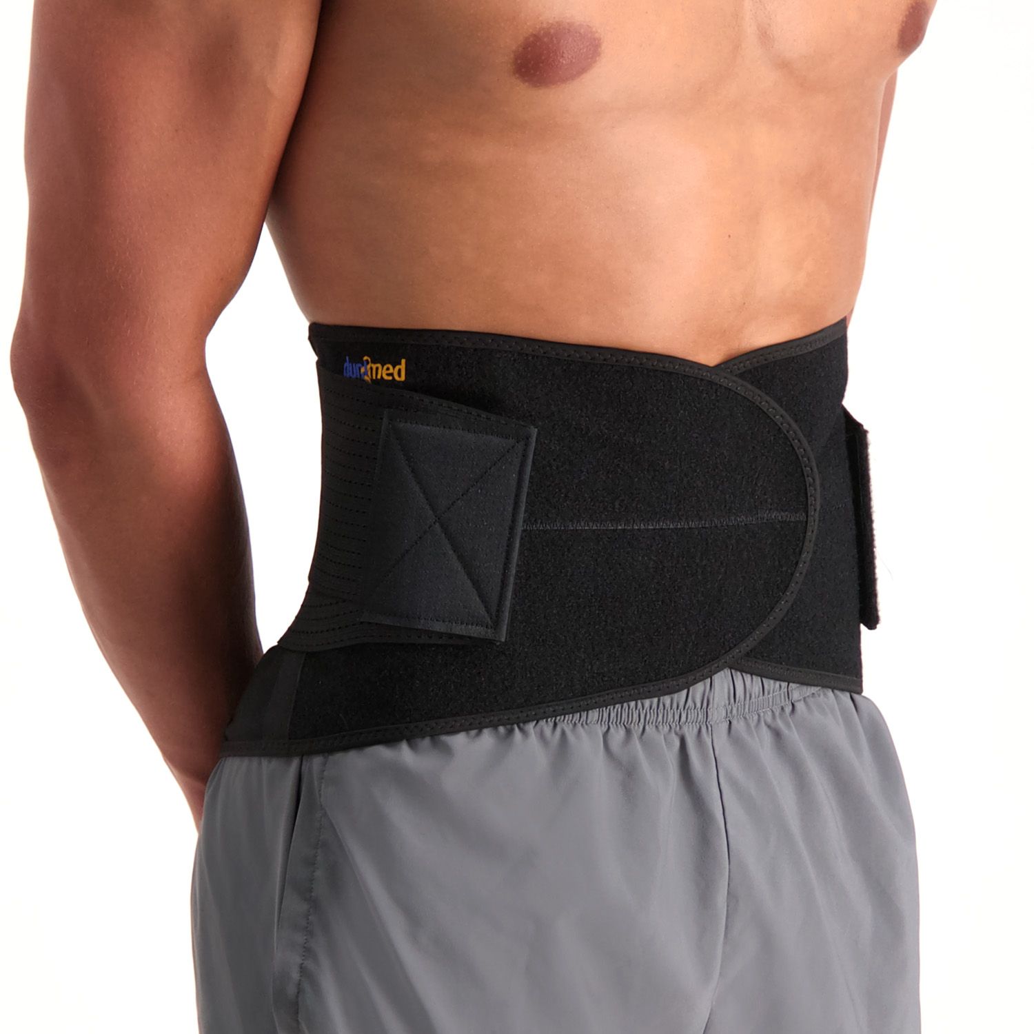 Front side view of the Dunimed Back Support - With Busks worn by male model