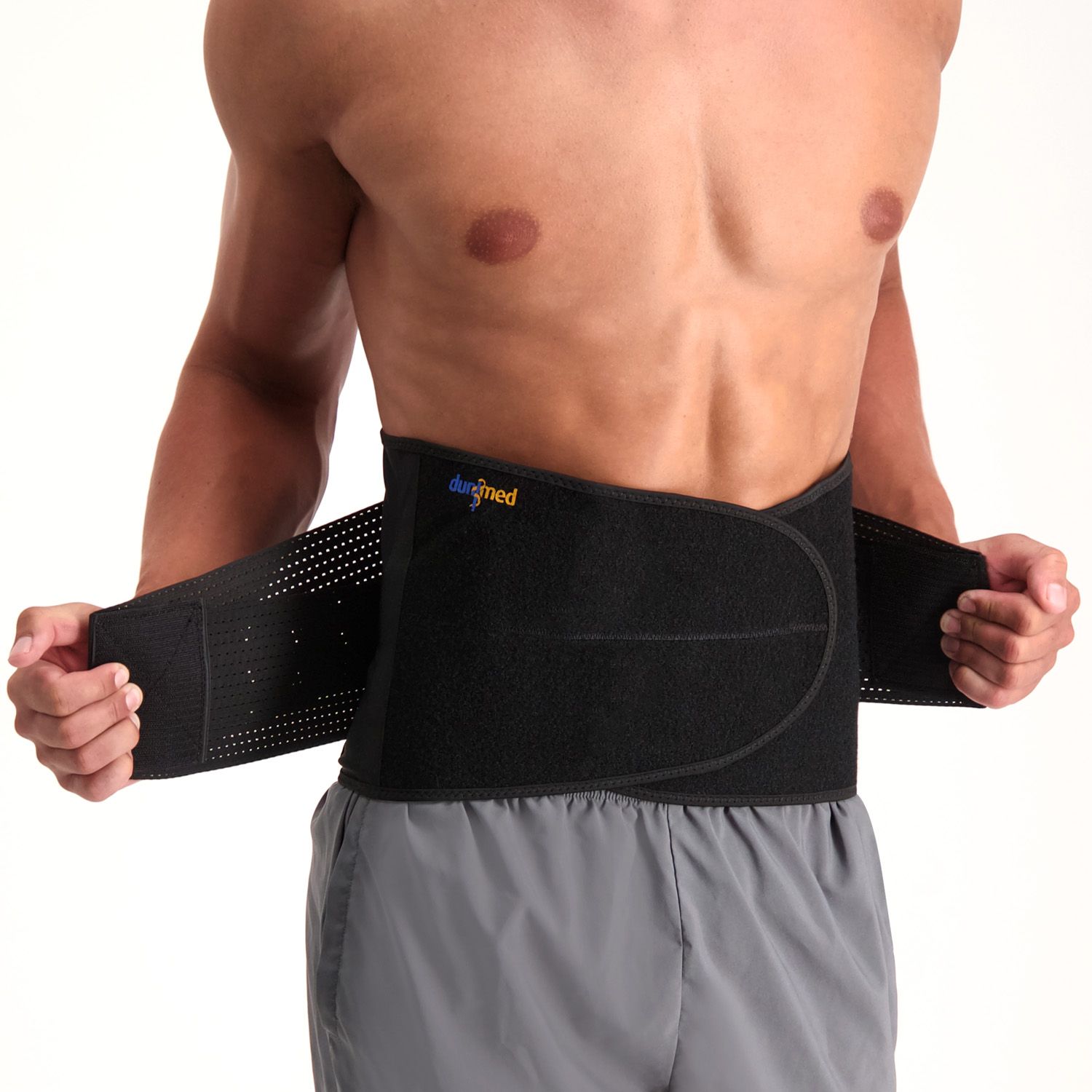 Model demonstrating the use of the Velcro straps of the Dunimed Back Support - with Busks