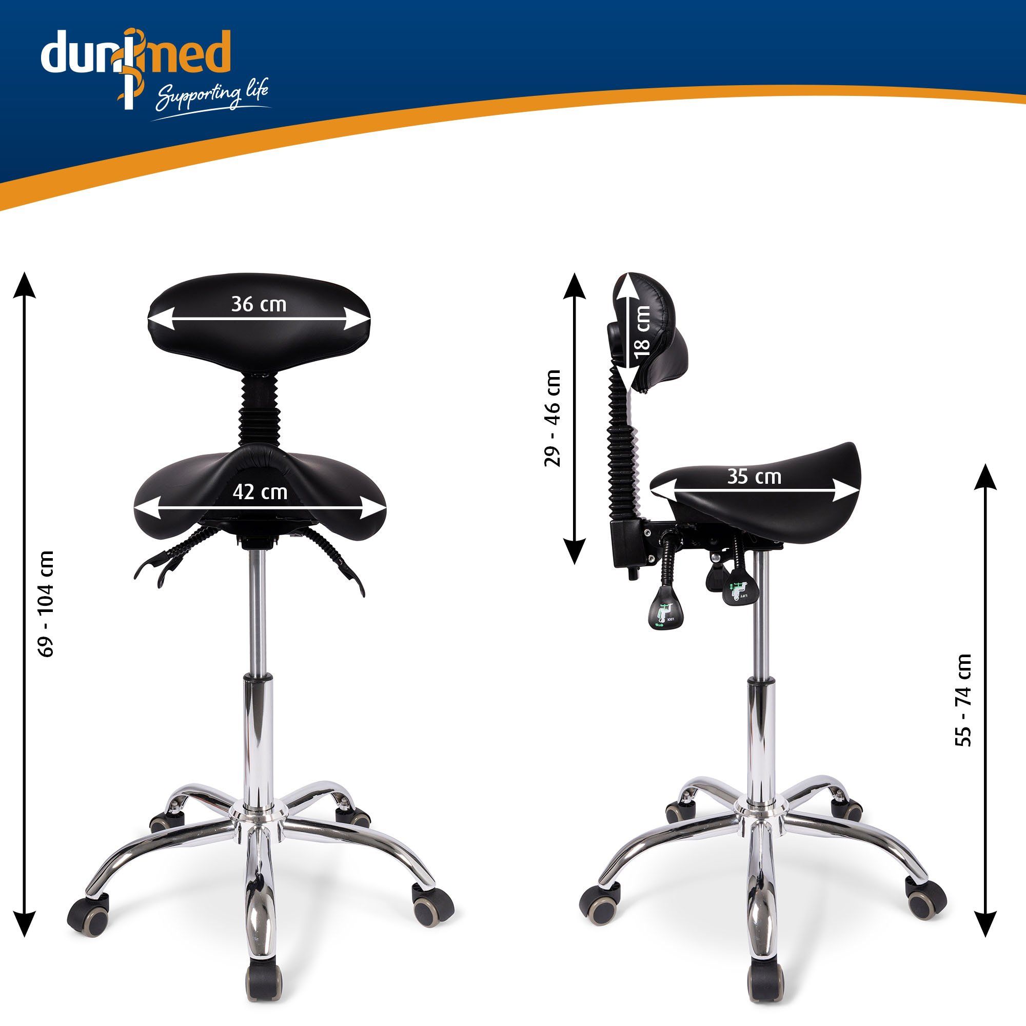 Die Abmessungen des Dunimed Ergonomischer Sattelhocker mit Rückenlehne und kippbarem Sitz