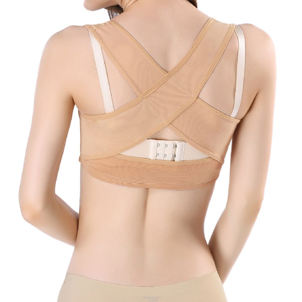 Back view of the Dunimed Posture Corrector / Back Straightener - Women's in Beige being worn by model