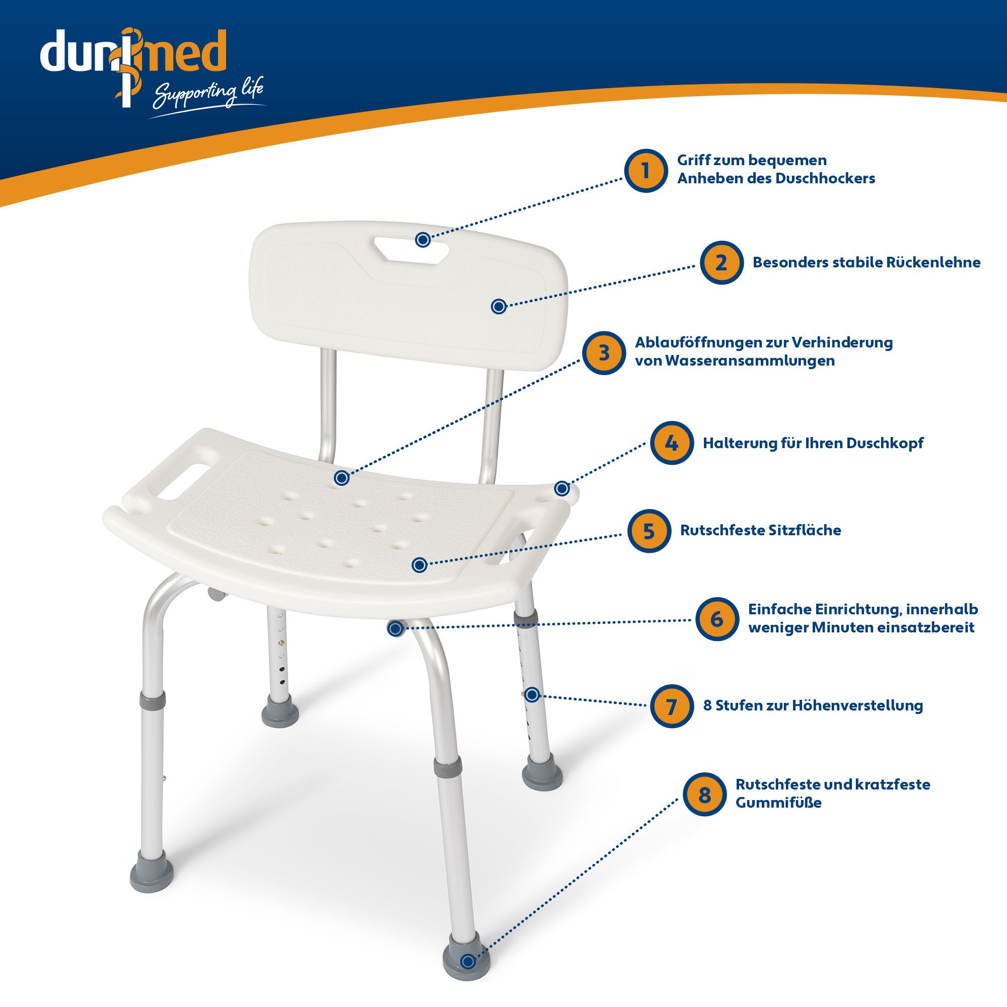 Dunimed Duschhocker mit Rückenlehne - Höhenverstellbar Produktspezifikationen